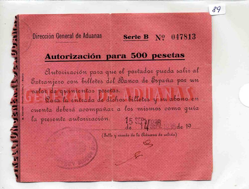 Sjekk 500 pesetas 1936 Spania