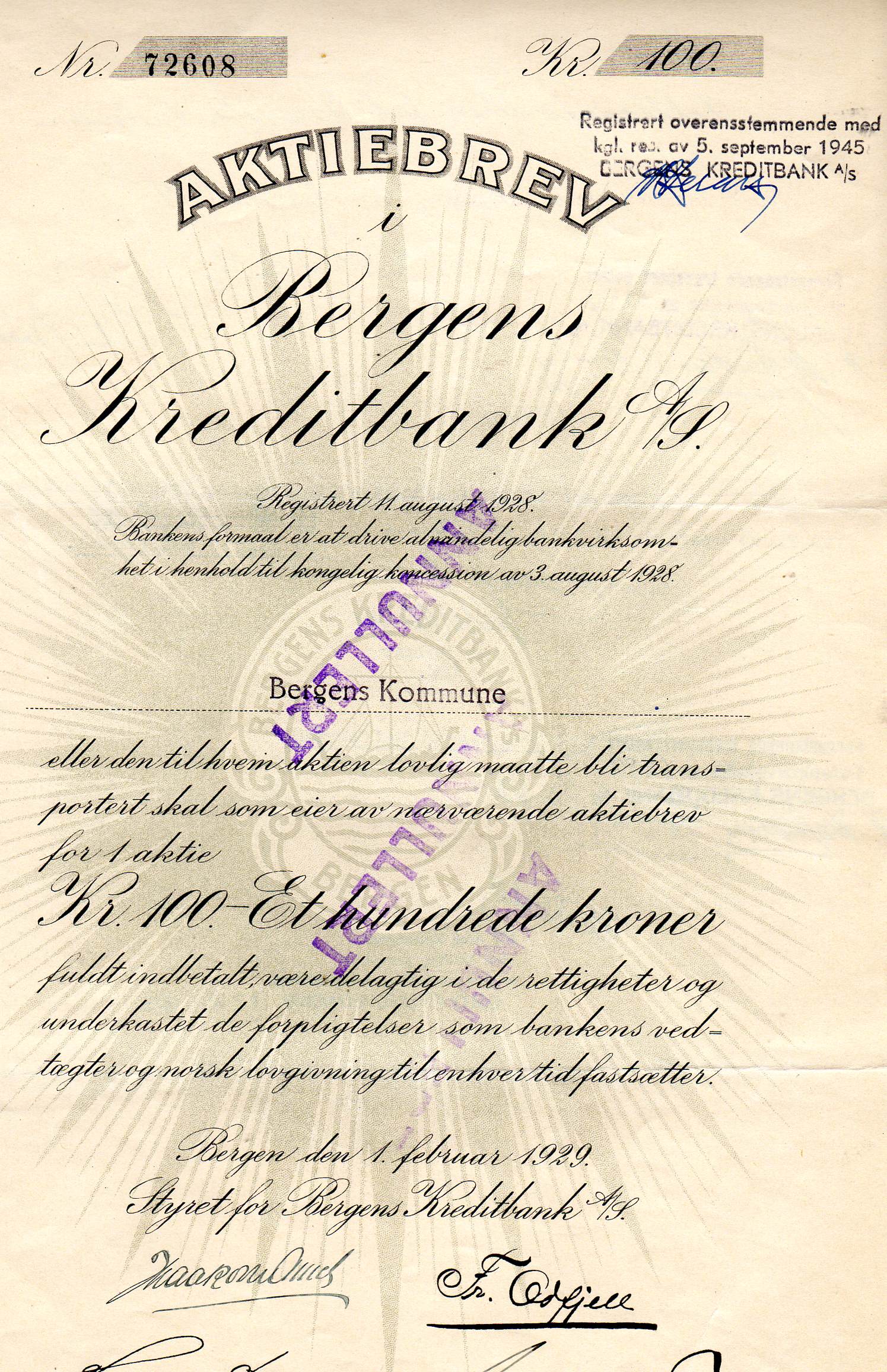 Bergens kreditbank  kr 100 Bergen 1954 nr 78702/77727 pris pr stk