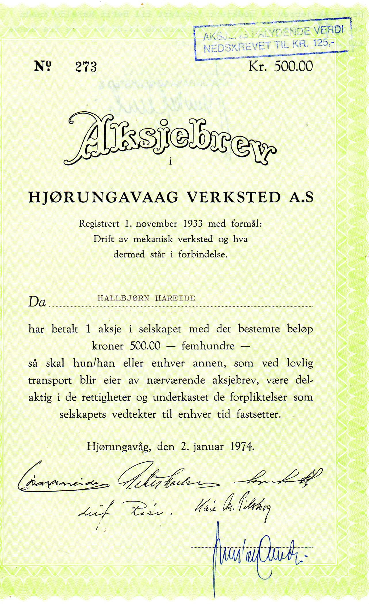 Hjørungavaag verksted kr 500 Hjørungavåg 1974 nr 274/273