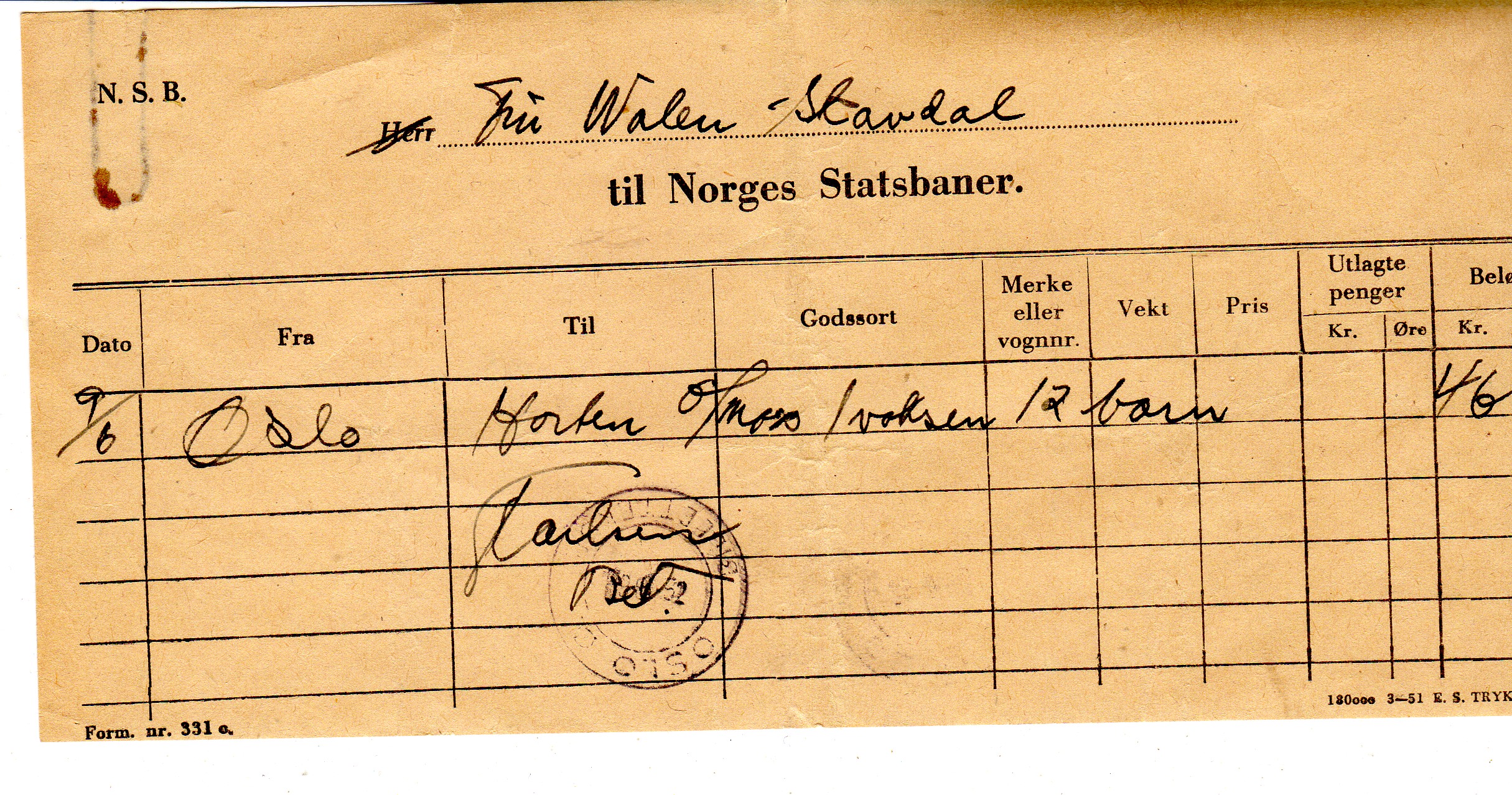Kvittering Norges Statsbaner 1962