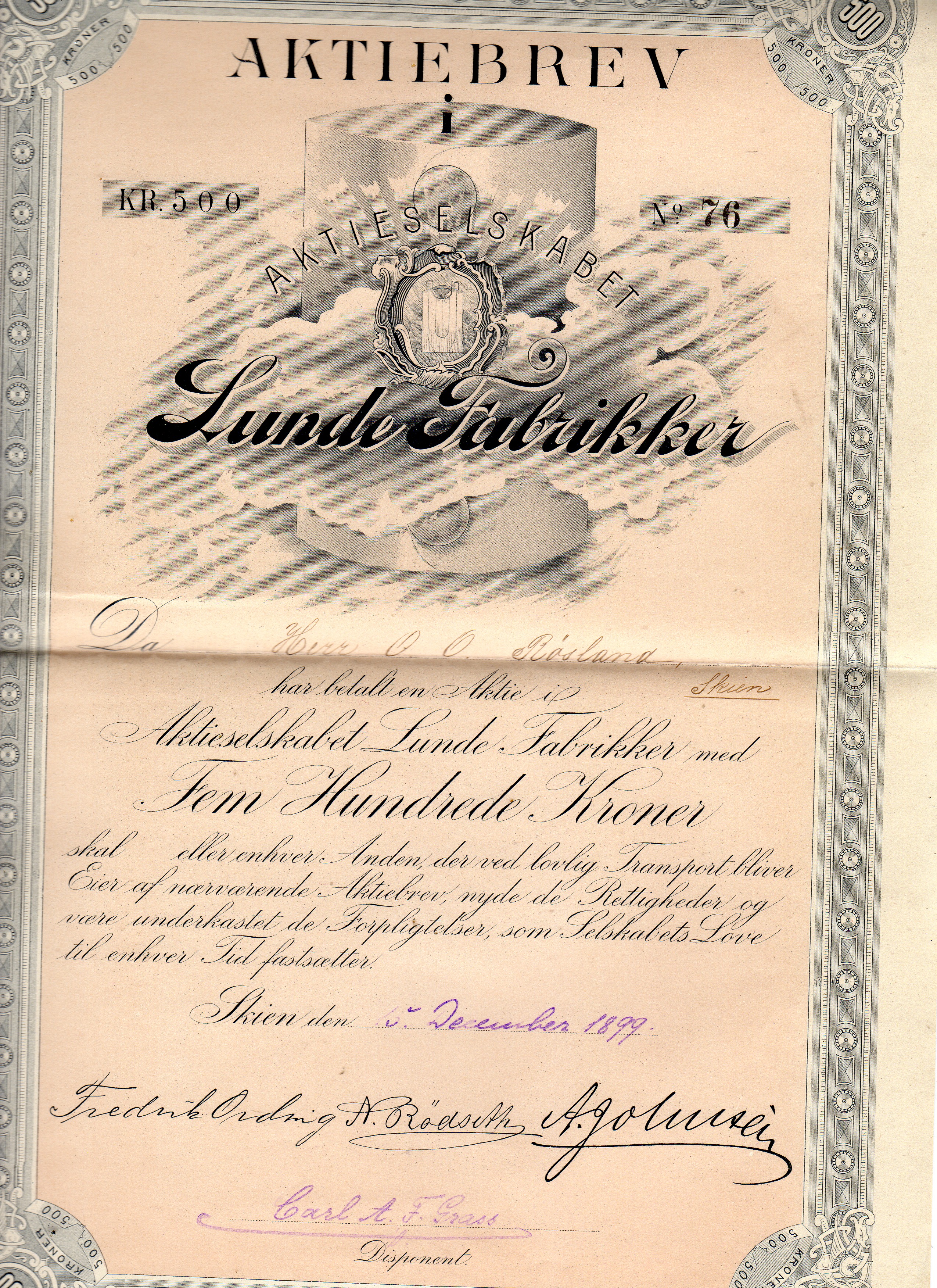 Lunde fabriker Skien 1899 Pål 500 no76 kv1 kuponger