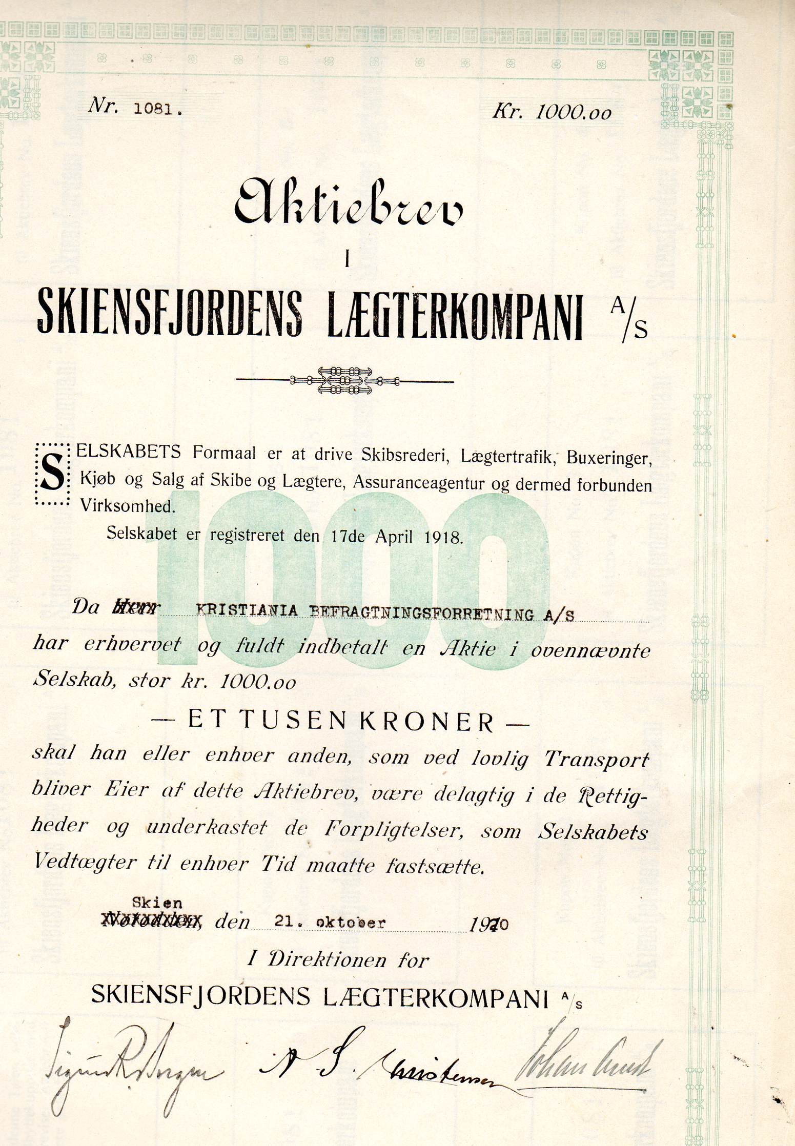 Aktiebrev i Skiensfjordens lægterkompani nr 1080,1082&1083 pris pr stk 350 Skien 1918