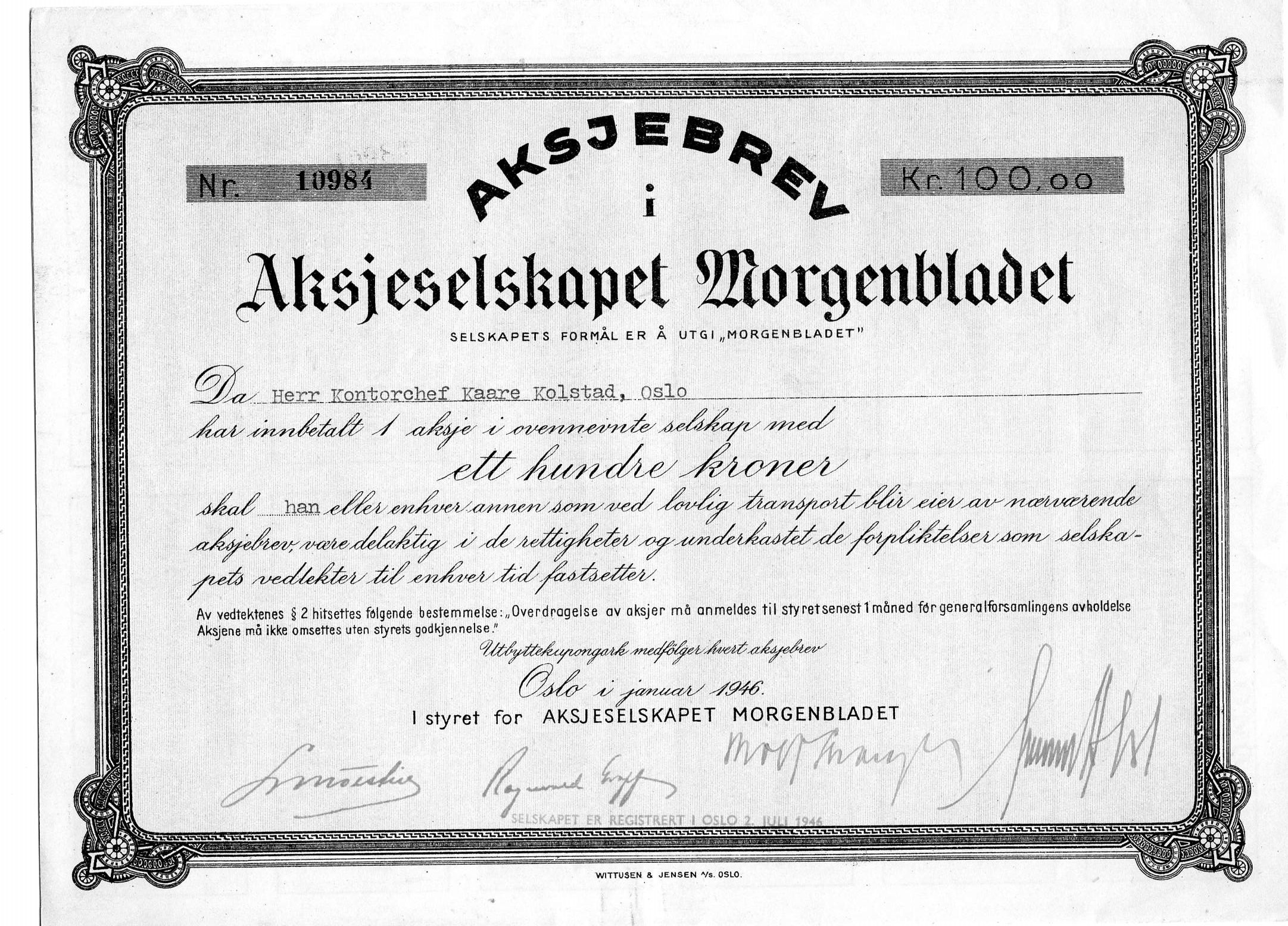 Aksjeselskapet Morgenbladet Oslo 1946 kr 100 nr 10983/10984 pris pr stk