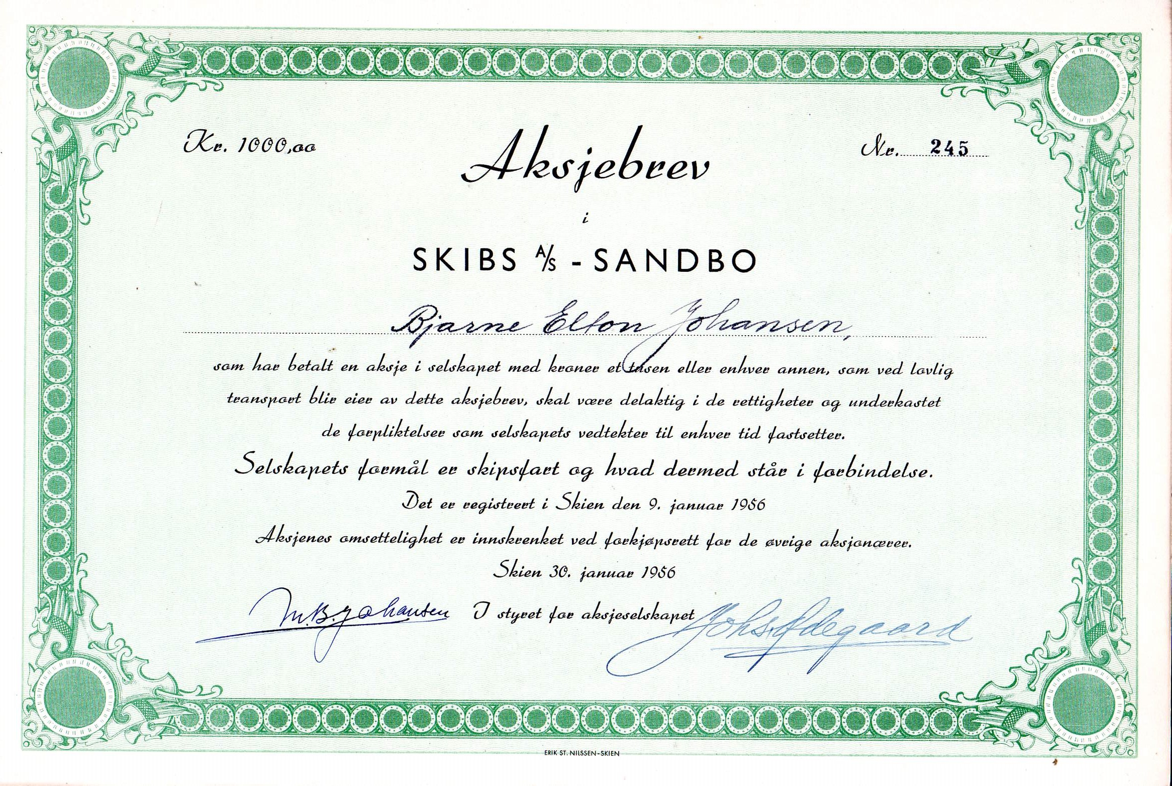 Skibs-Sandbo kr 1000 nr 247,246&246 pris pr stk kr250 Skien 1956