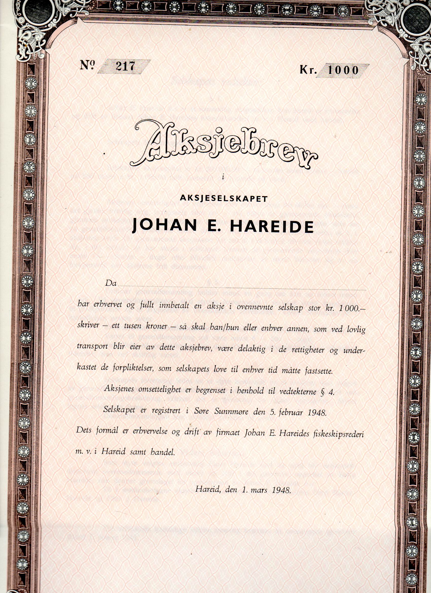 Johan E Hareide Blankett  Hareid 1948 kr 1000 nr 214/215/216/217 pris pr stk