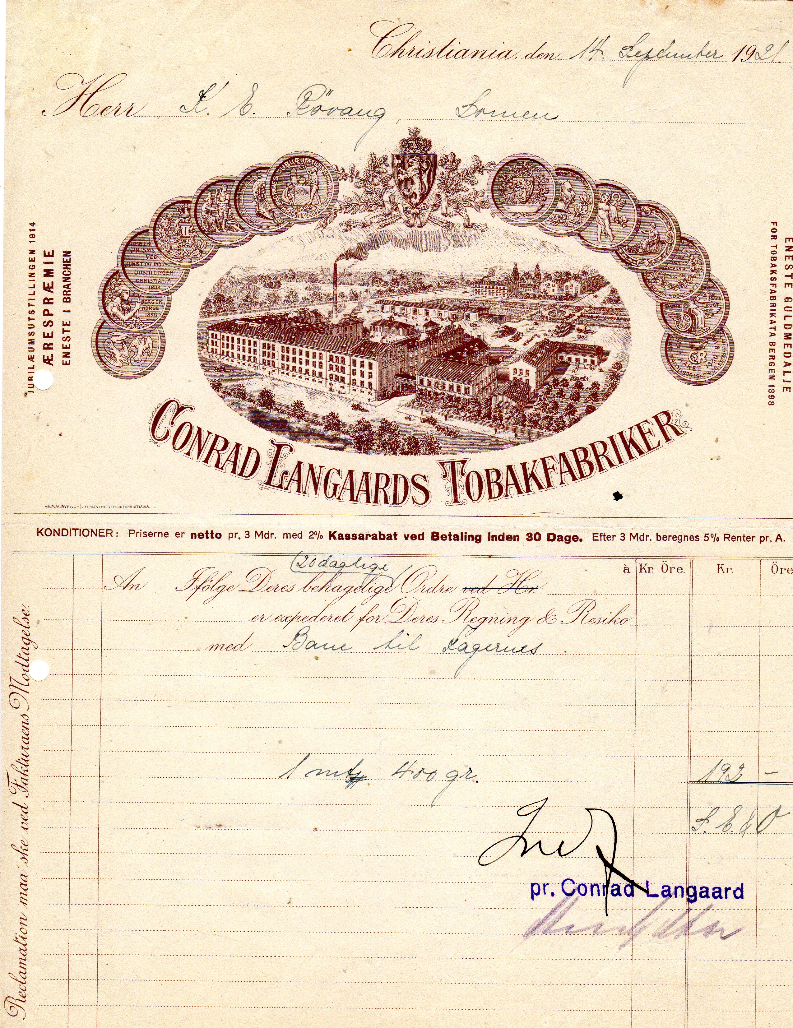 Conrad Langaards Tobakfabriker 1921/1919/1921/1921/1925/1921/1921 pris pr stk