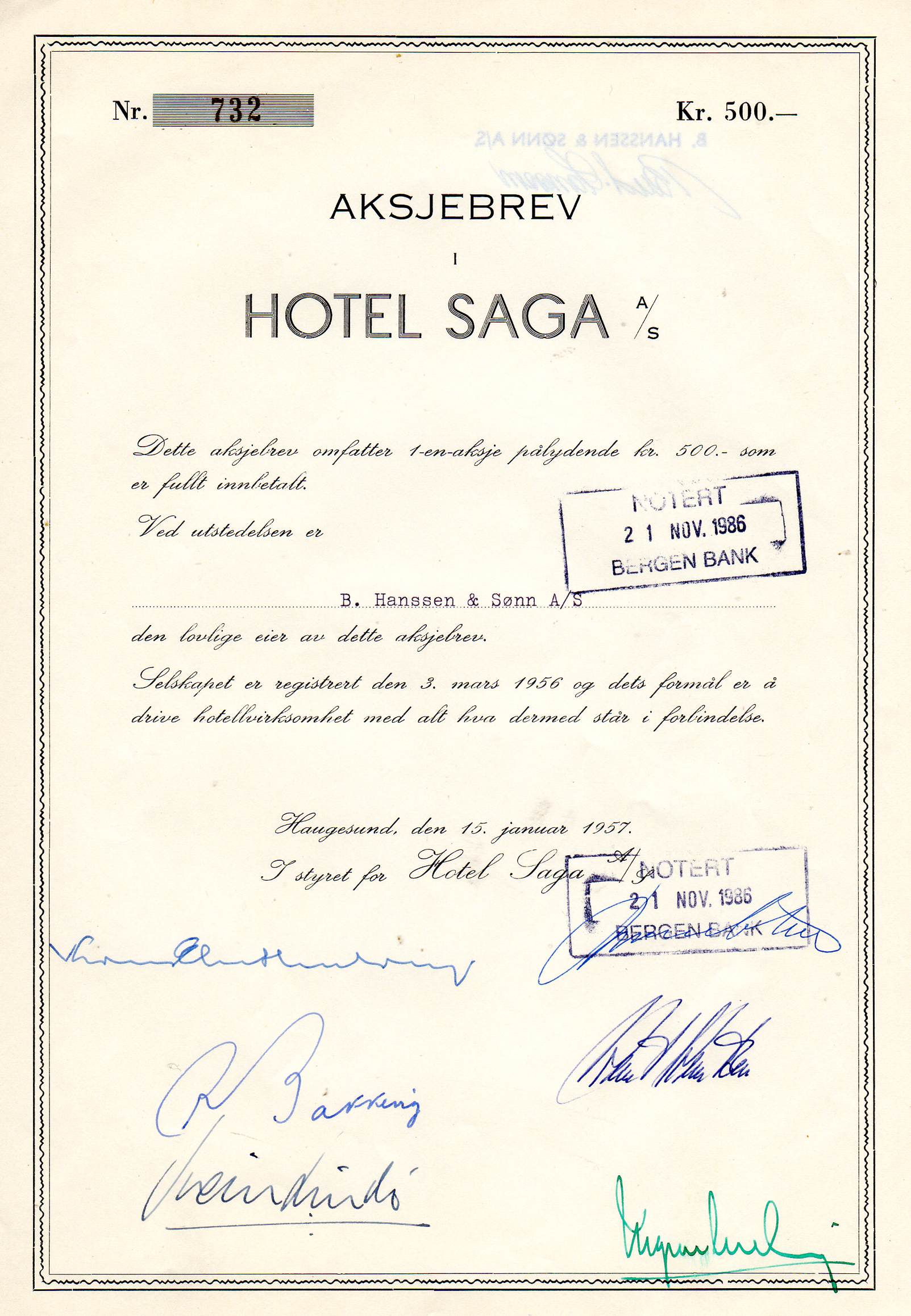Hotel saga Haugesund 1957 kr 500 nr733/732/731 pris pr stk