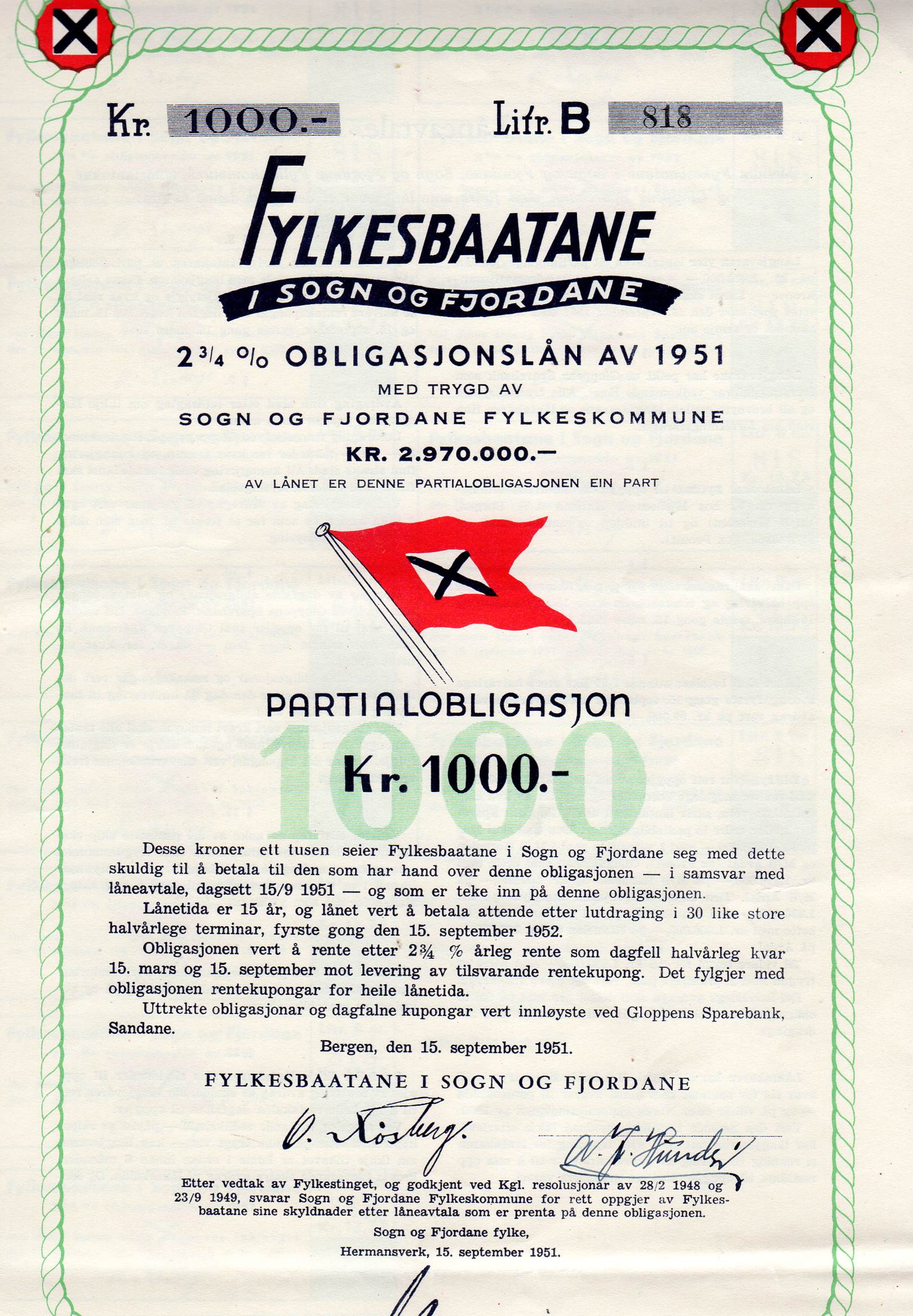 Fylkesbaatane i Sogn og fjordane 2 3/4% obligasjonslån av 1951 litra B kr 1000 nr 818