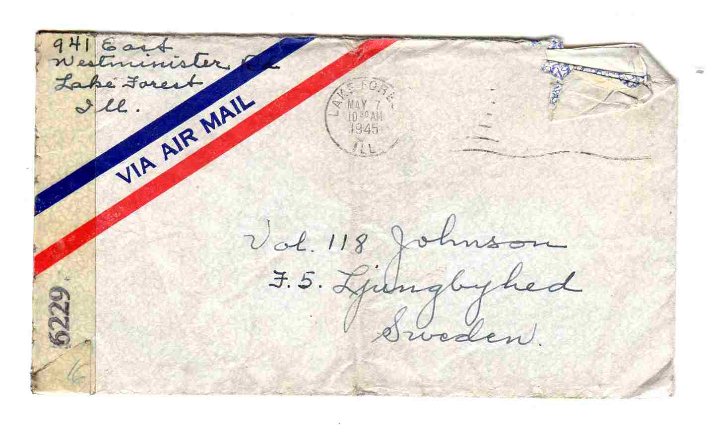 st Lake Forest 1945 med brev to Sweden  6229