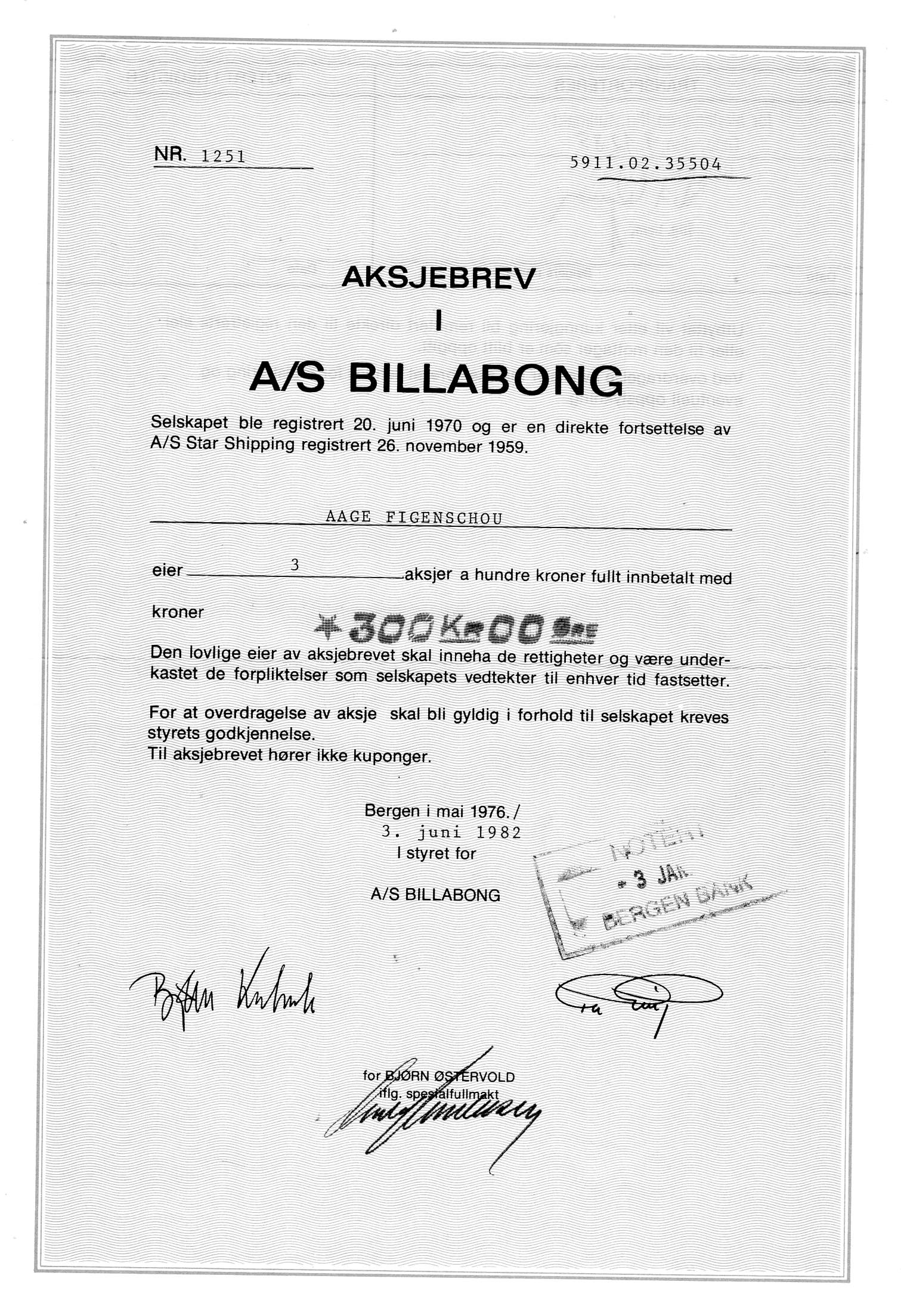 Billabong Bergen 1976 kr 100 nr 1439/1251/1263 pris pr stk