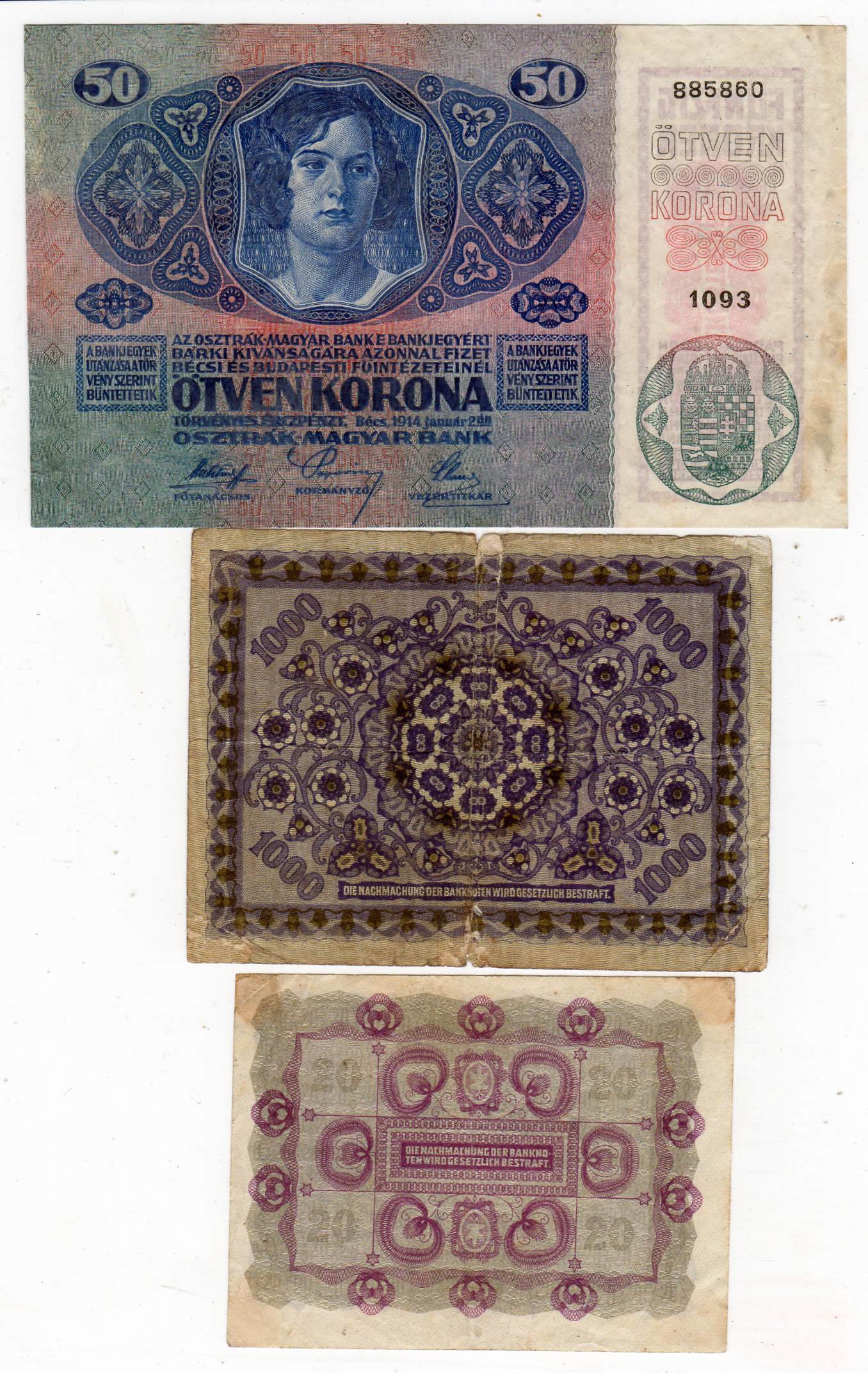 20(1922)/50(1914)/1000(1922) kronen Østeriek-Ungarn