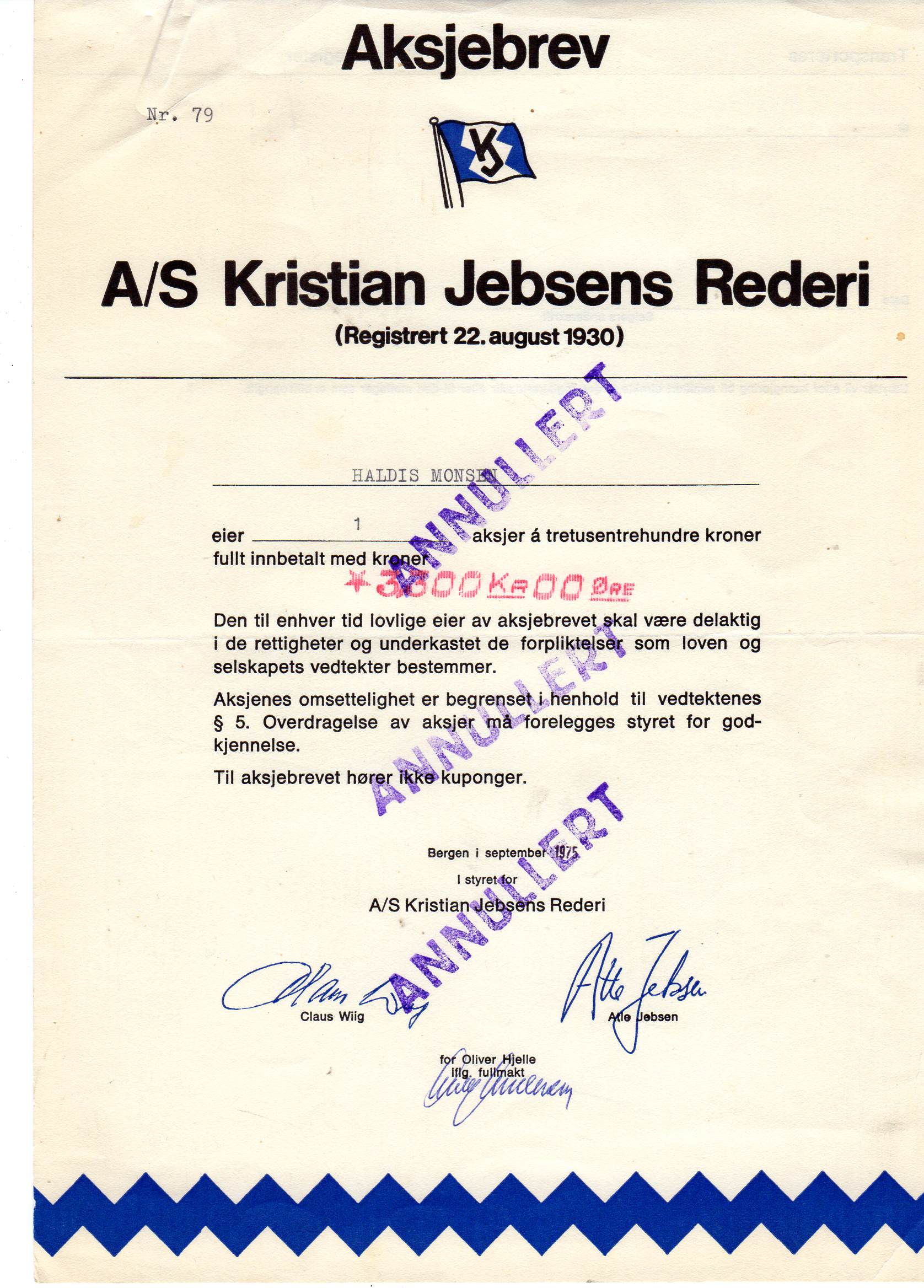 Kristian Jebsens rederi 1975 Bergen kr 3600 nr 79/78 pris pr stk