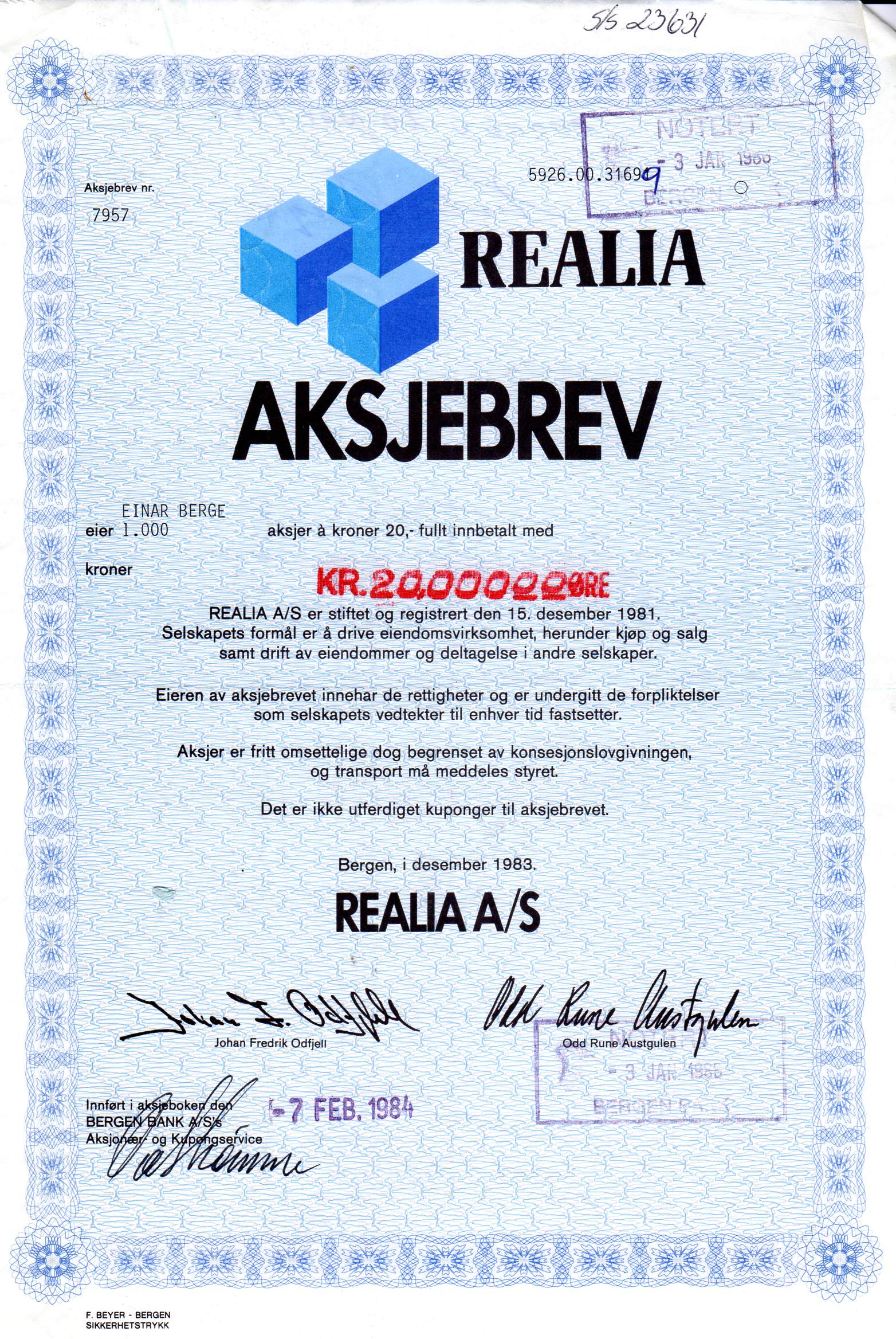 Realia (type1) Bergen 1983 kr 20 nr7957/7821/6725 pris pr stk