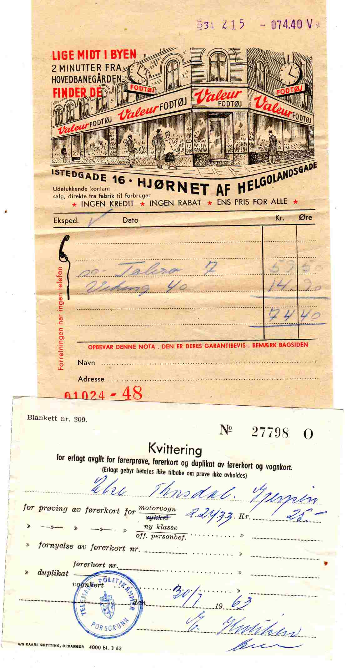 Førerprøve st telemark politikammer Porsgrunn 1963/Valeur fodtøj København