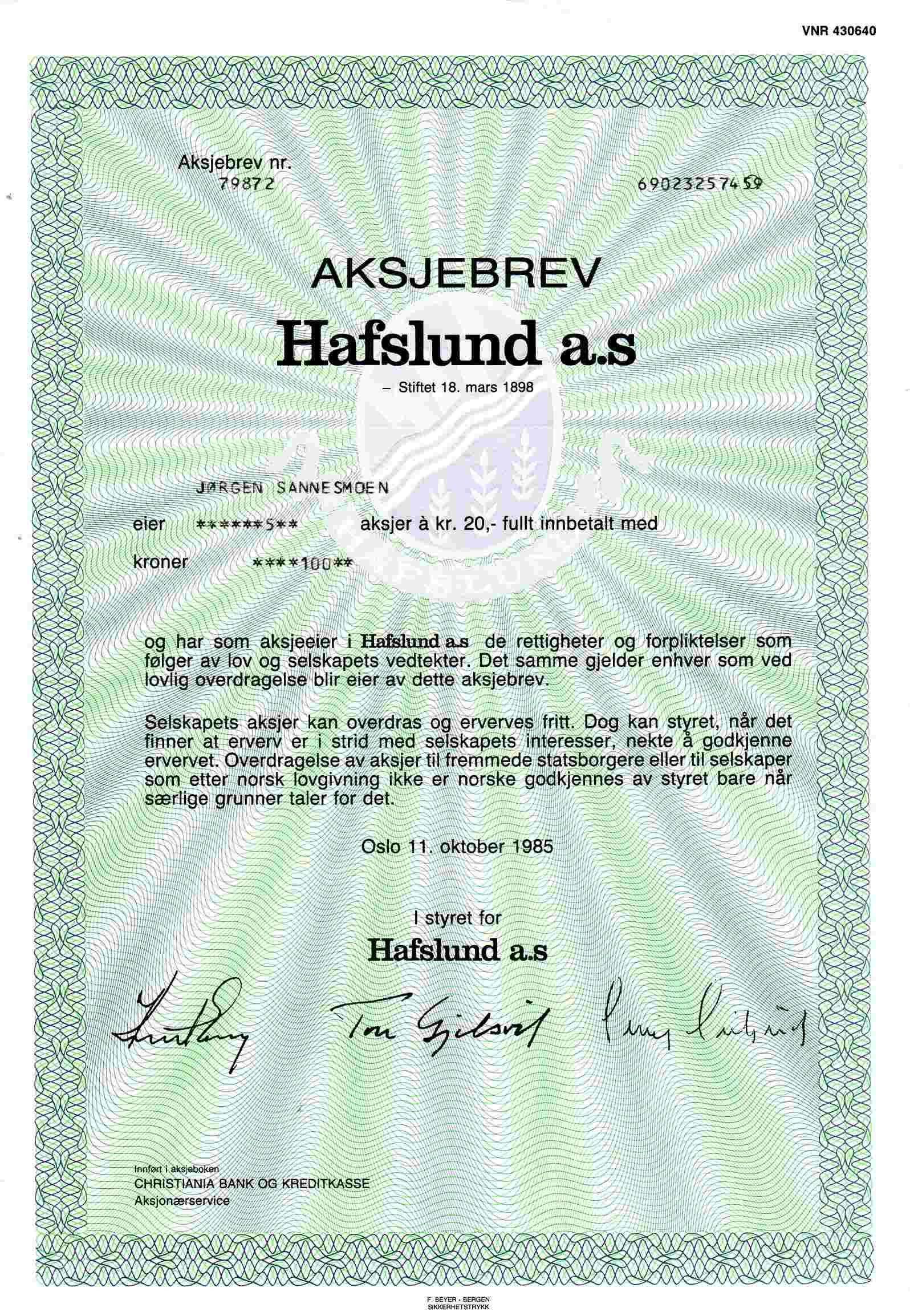 Hafslund kr 20  Oslo 1983 pris pr stk