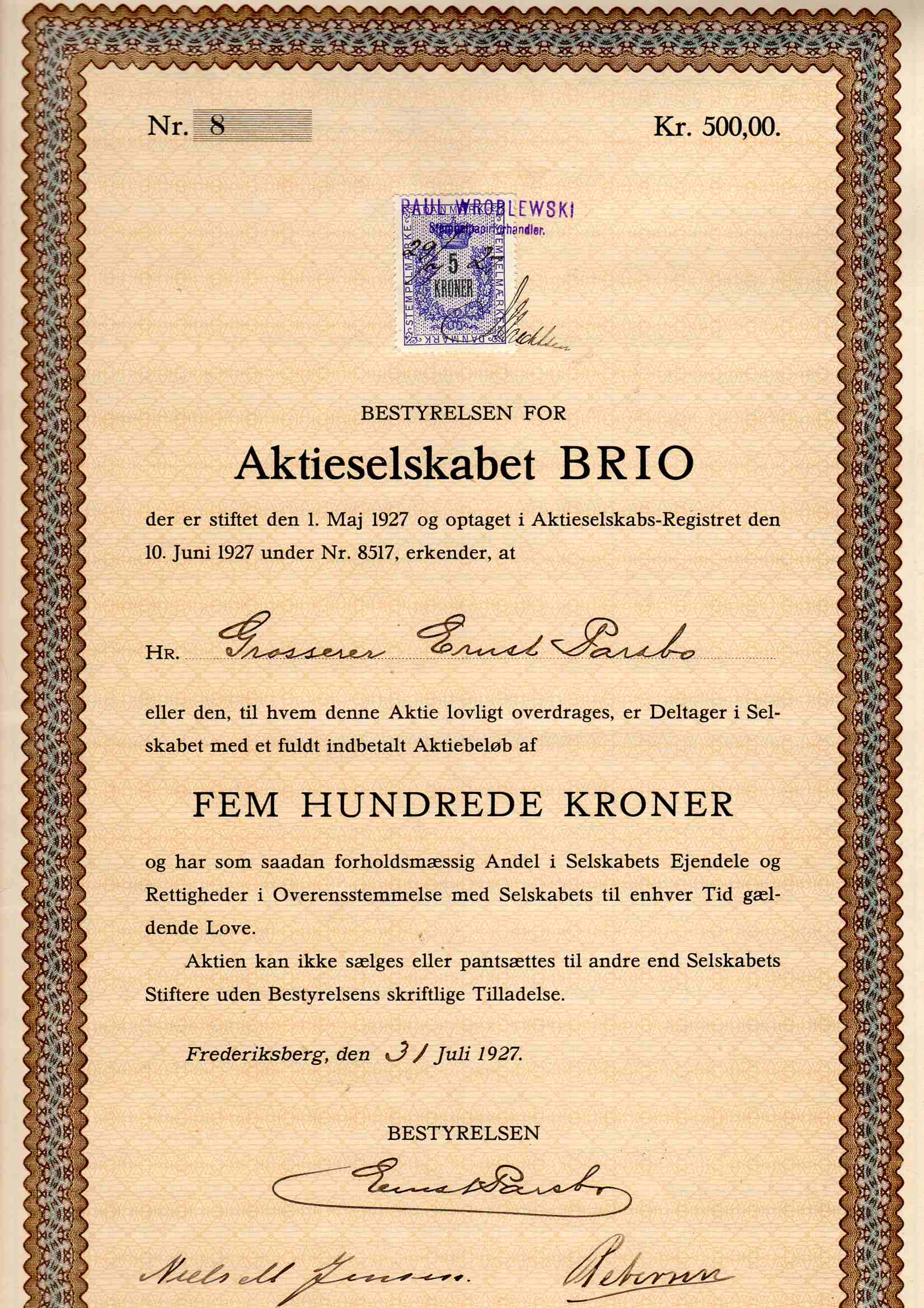 Brio A/S Fredriksberg nr 8 1927 kr500