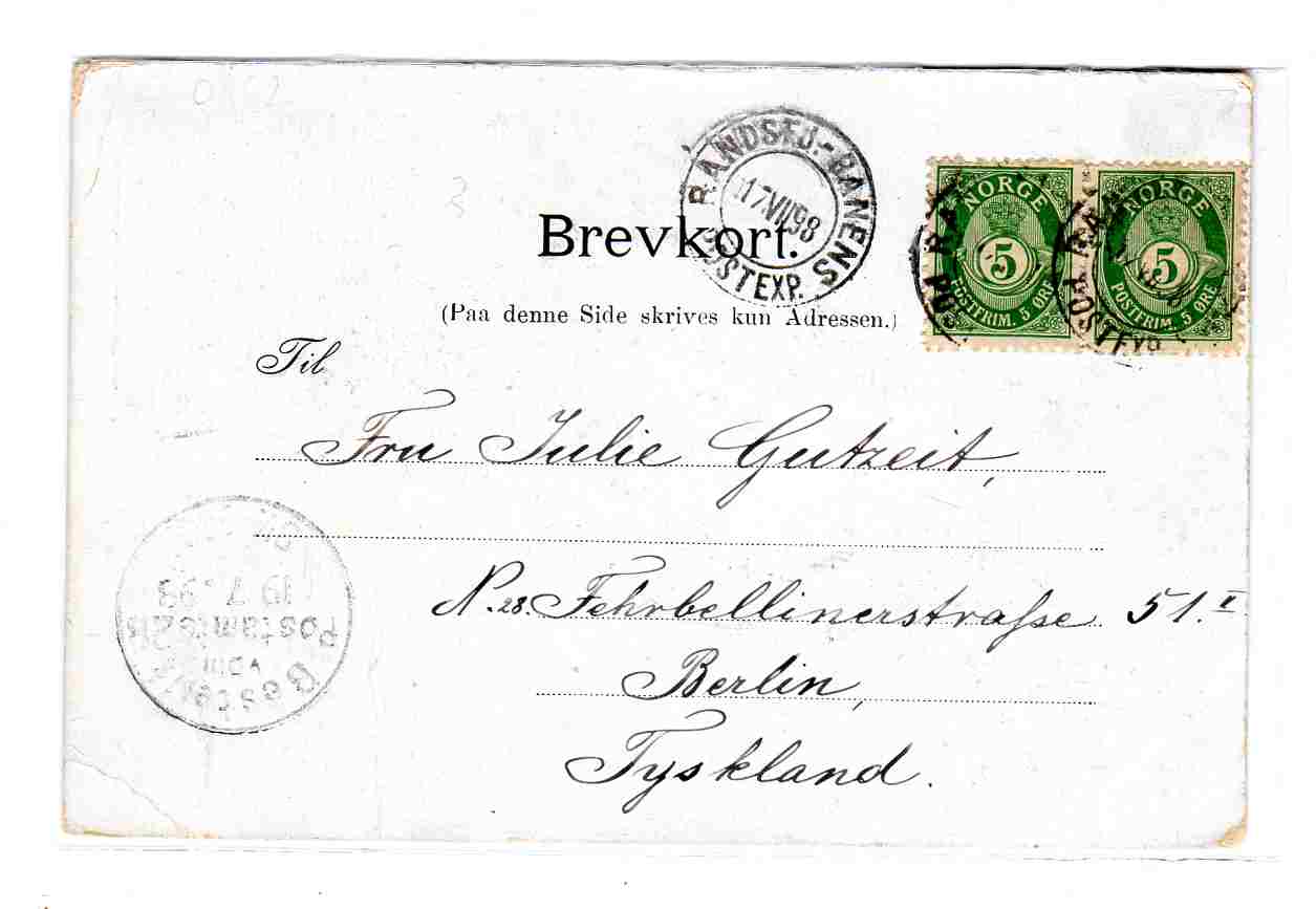 Hilsen fra Norge st Randsfjordbanen/Bestellt vom Postamte 2B 1898