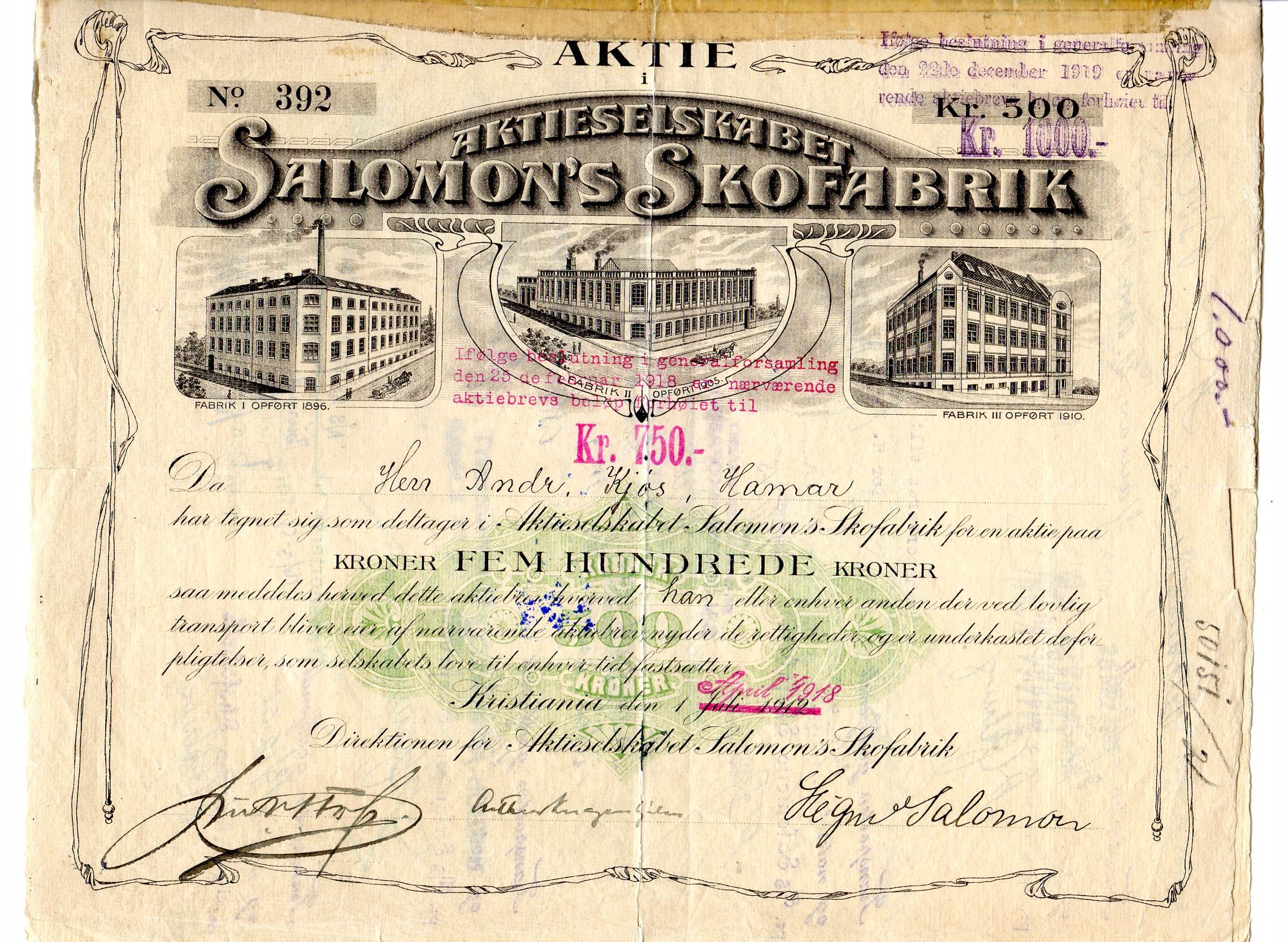 Salomons skofabrikk kr 500 Kristiania 1918 no 346/392 pris pr stk