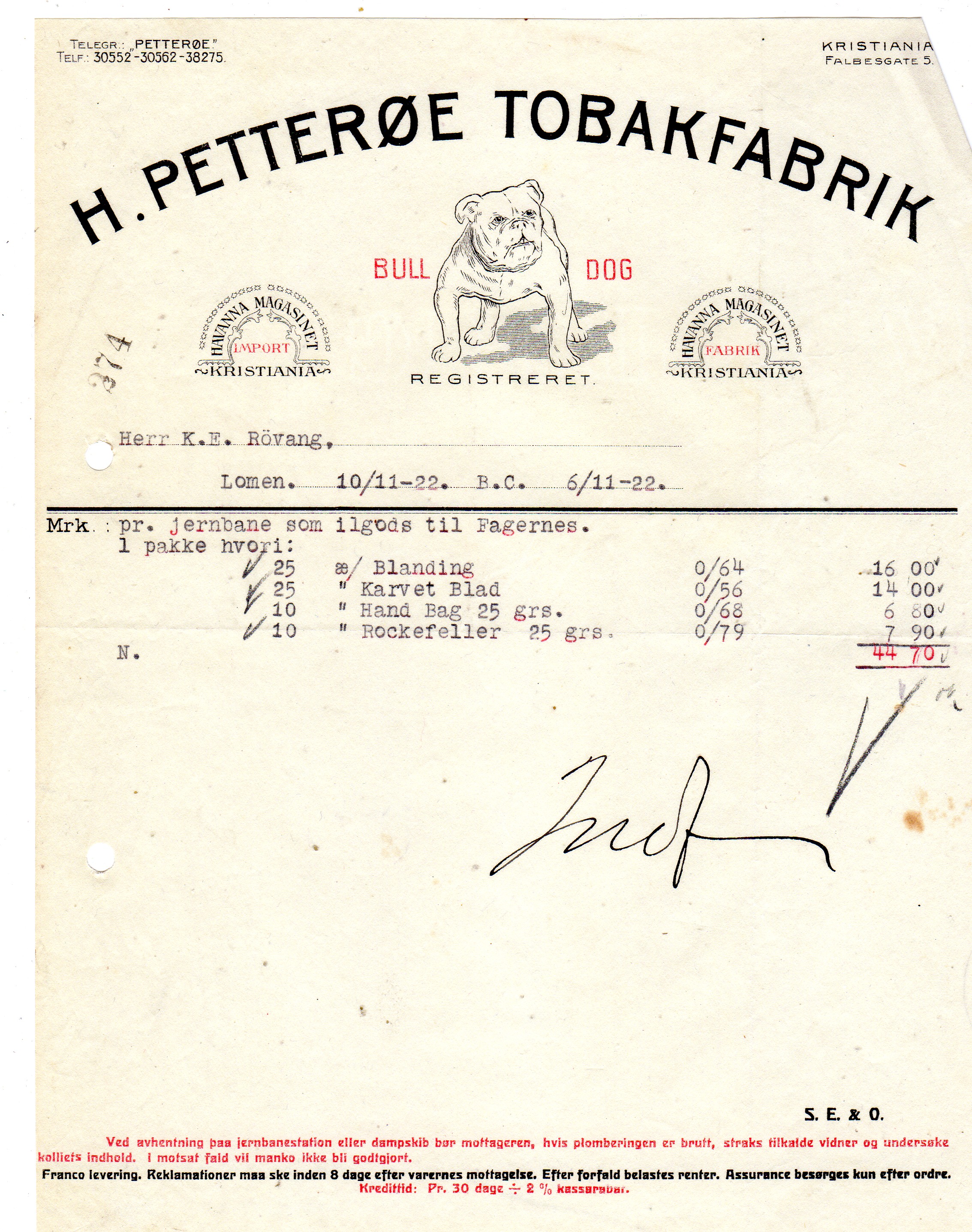 H Petterøe tobak 1925/1922/1922 pris pr stk
