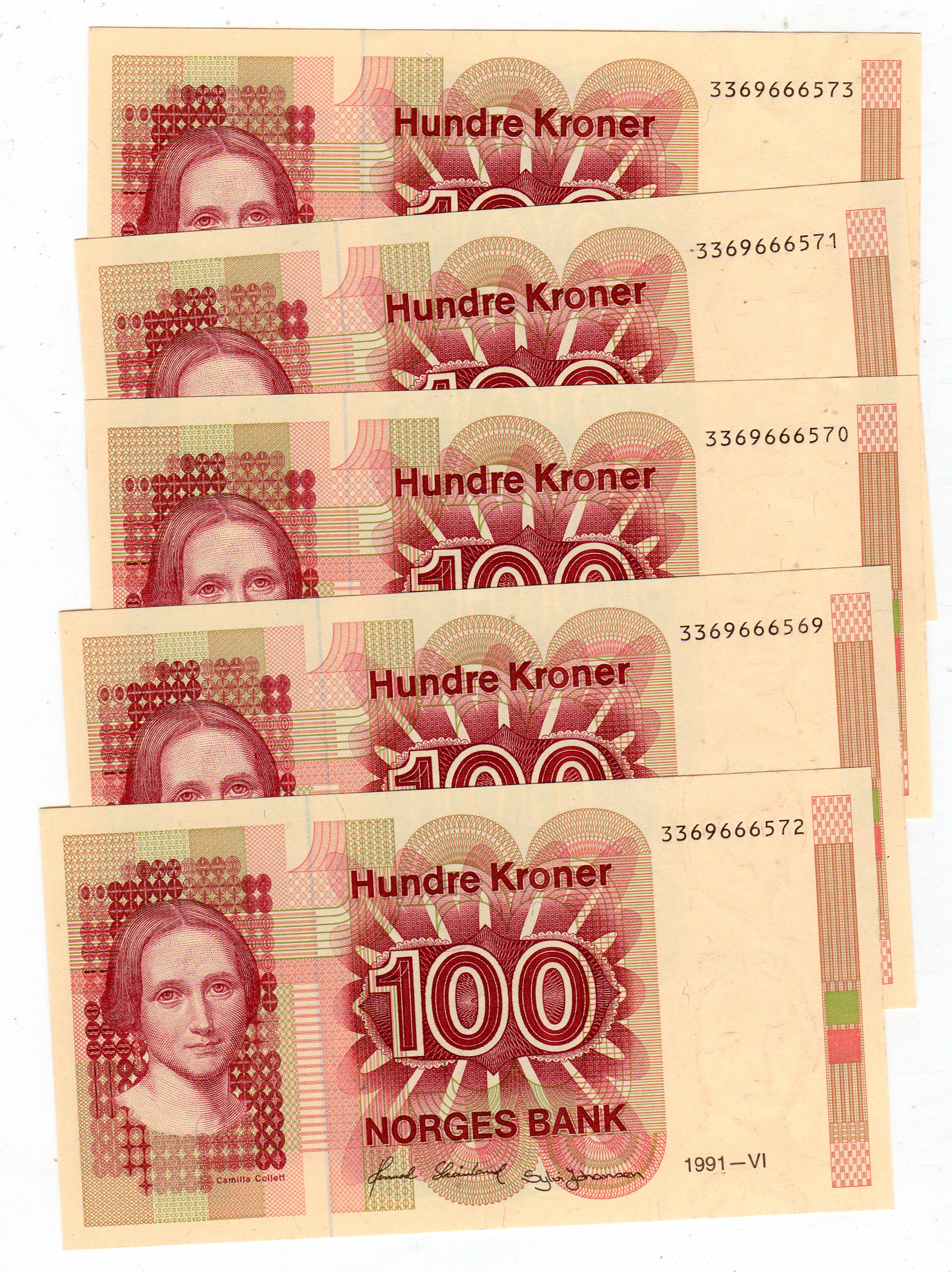 100 kr 5 i serie 1991-VI 4stk 0 1stk kv01