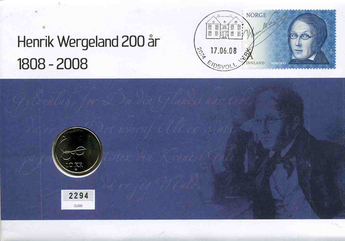 Henrik Wergeland 200 år 10 kr 2008
