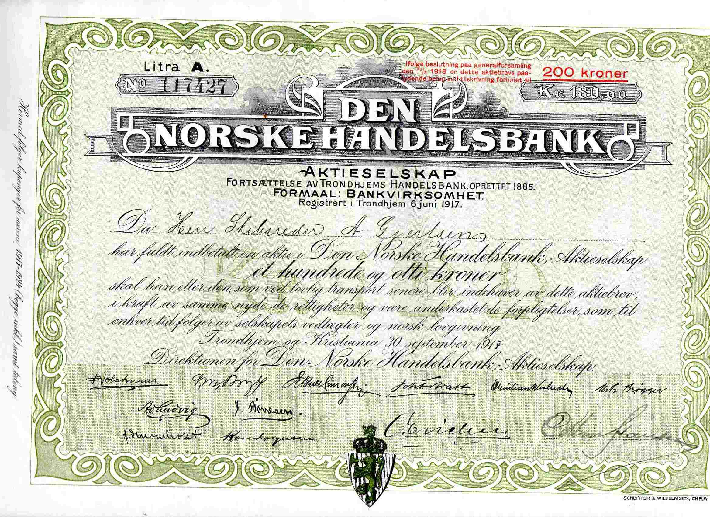 Den norske handelsbank kr 200/180 Litra A 117427 Trondhjem 1917