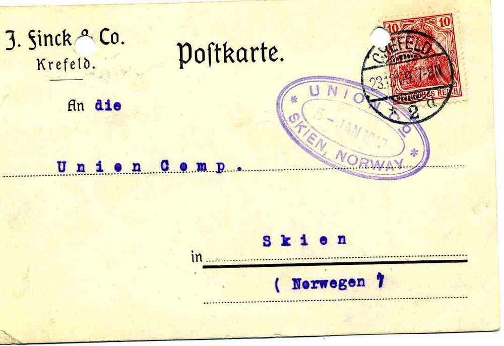 Postkarte st Skien-Crefeld 1910