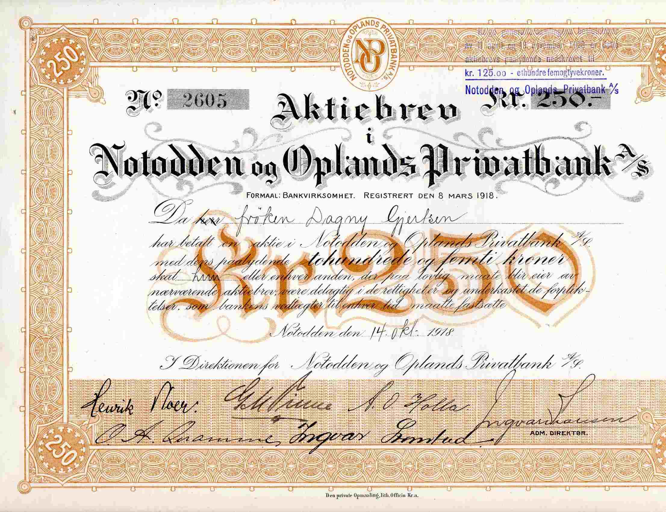 Notodden og Oplands privatbank nr 2605 kr 250/125 Notodden 1918