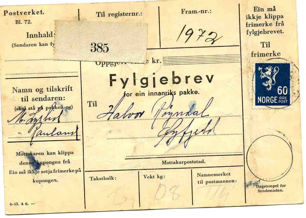nr 385 st Øyfjell 1945