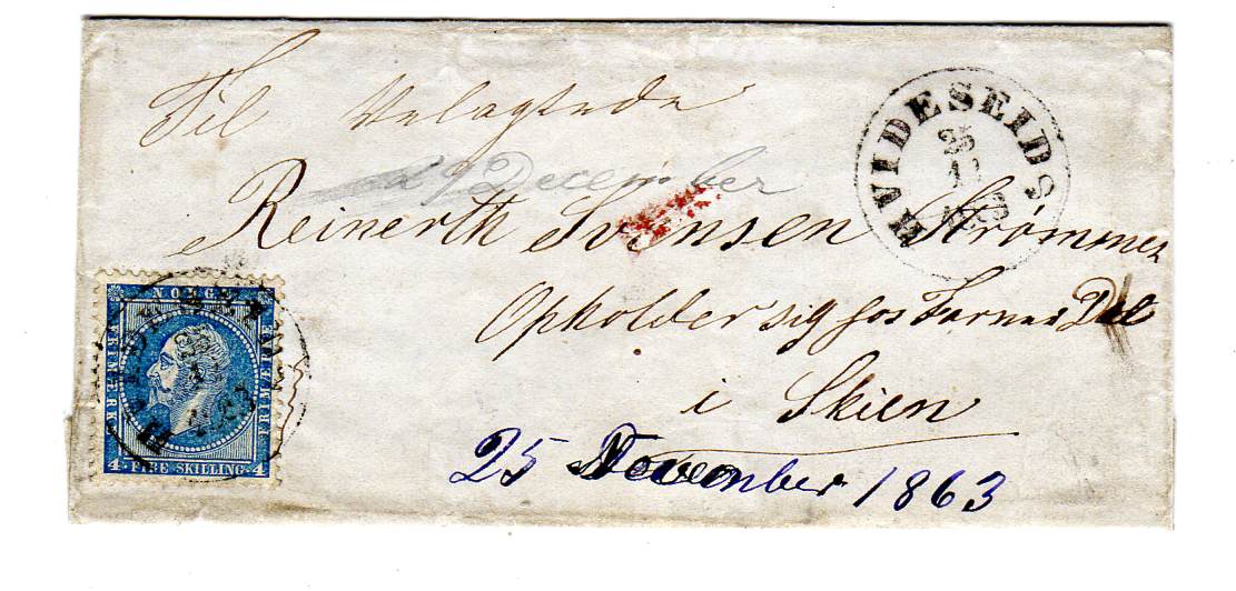 Hk4 4 skilling st Hvideseid 25-11-1863 på lite brevomslag til Skien