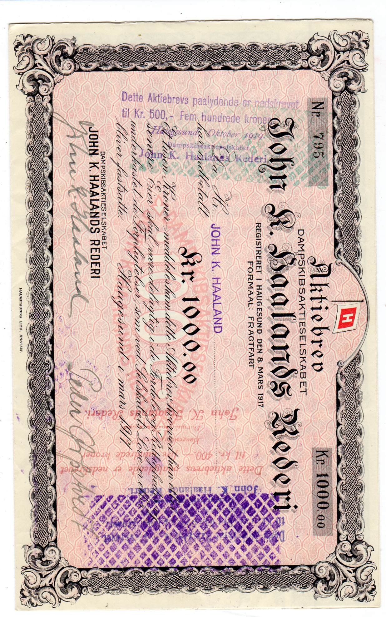John K Haalands rederi kr 1000 Haugesund 1917 nr 793/794/795 pris pr stk
