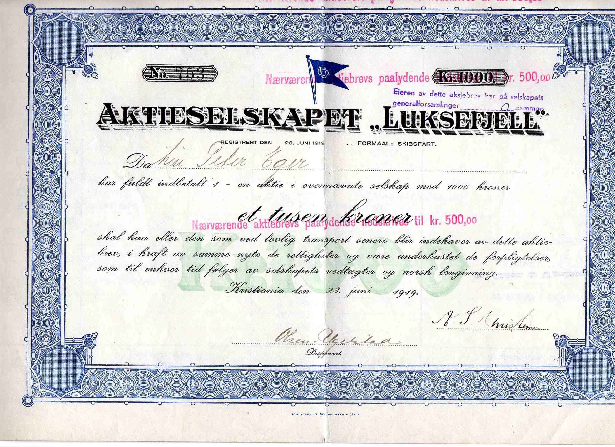 Aktieselskapet "Luksefjell" no 753 1919 skibsfart kr 500