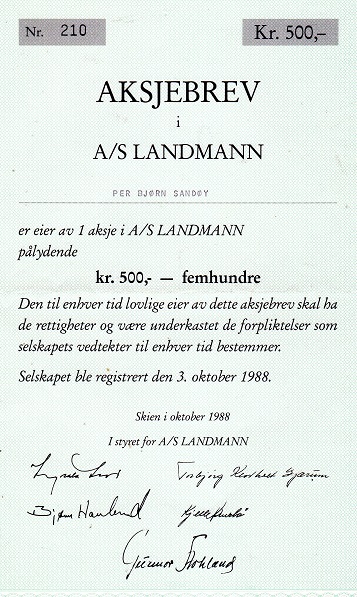 A/S Landmann nr 210 kr 500 Skien 1988