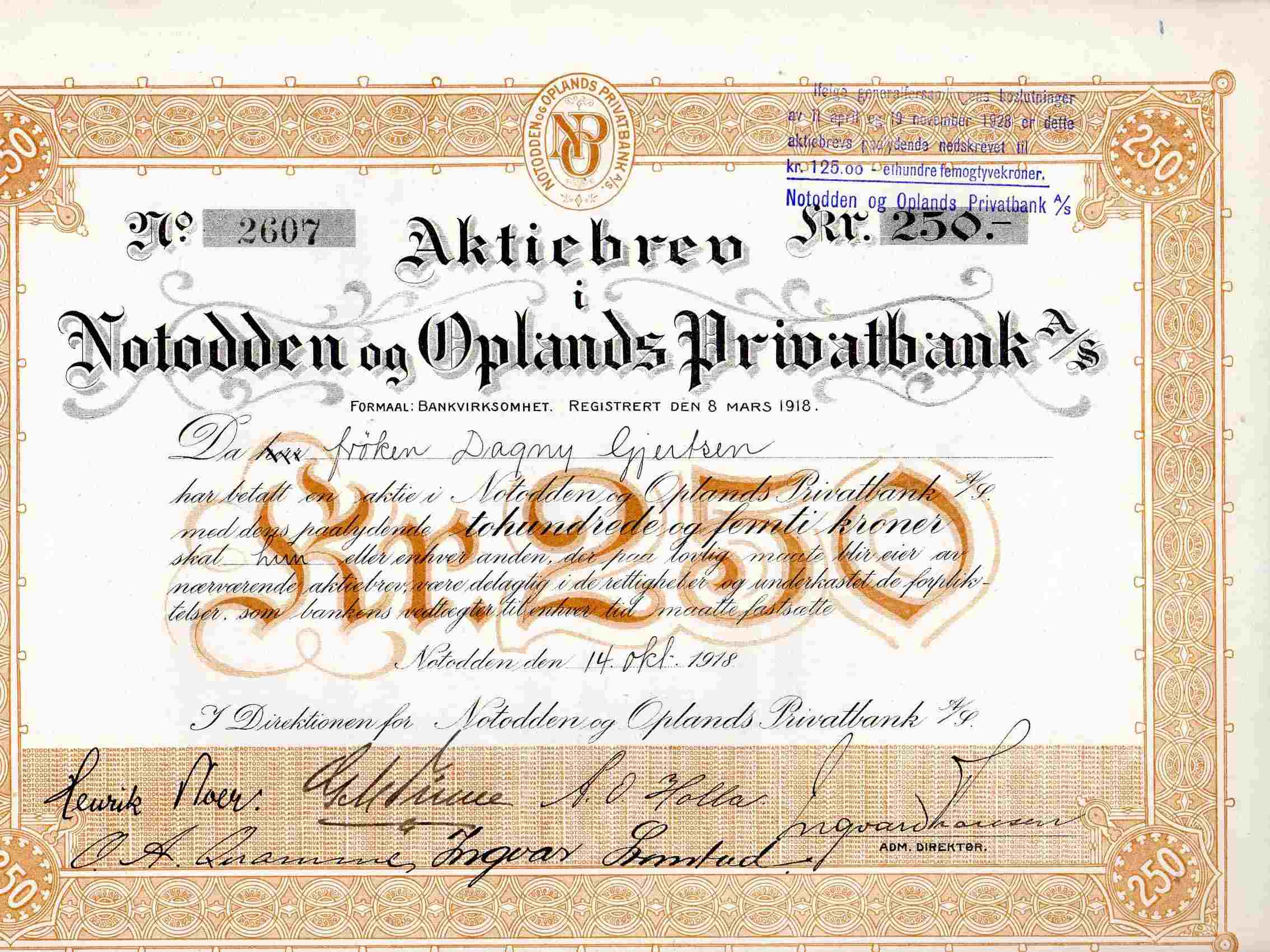 Notodden og Oplands privatbank nr 2607 kr 250/125 Notodden 1918