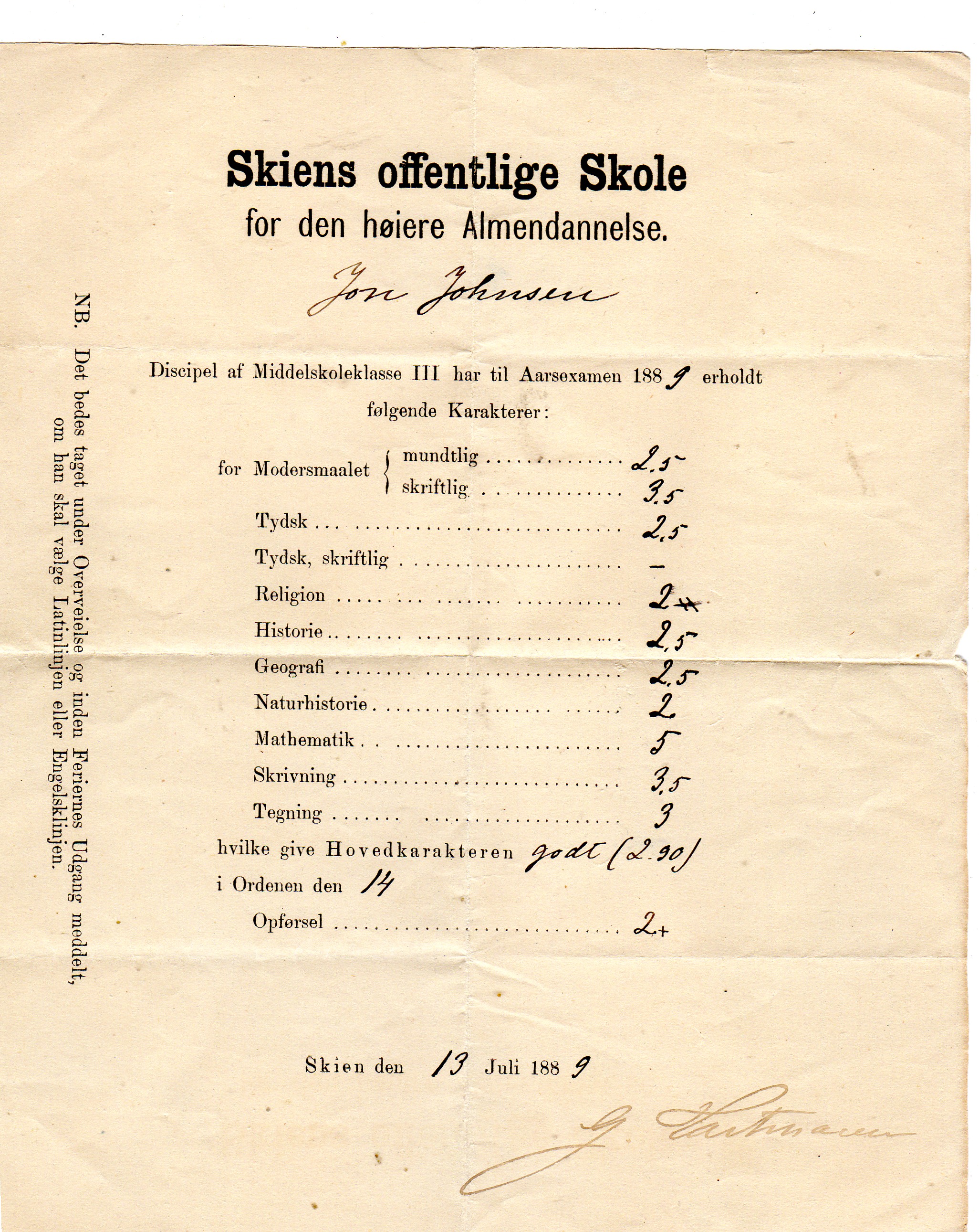 Vitnemål John Johnsen Skien off skole 1889