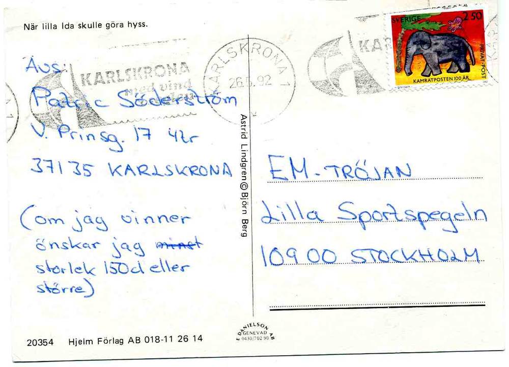 Astrid Lindgren/Bjørn Berg Hjelm 20354 Nær lilla Ida skulle gøra hyss st Karlskrona 1992
