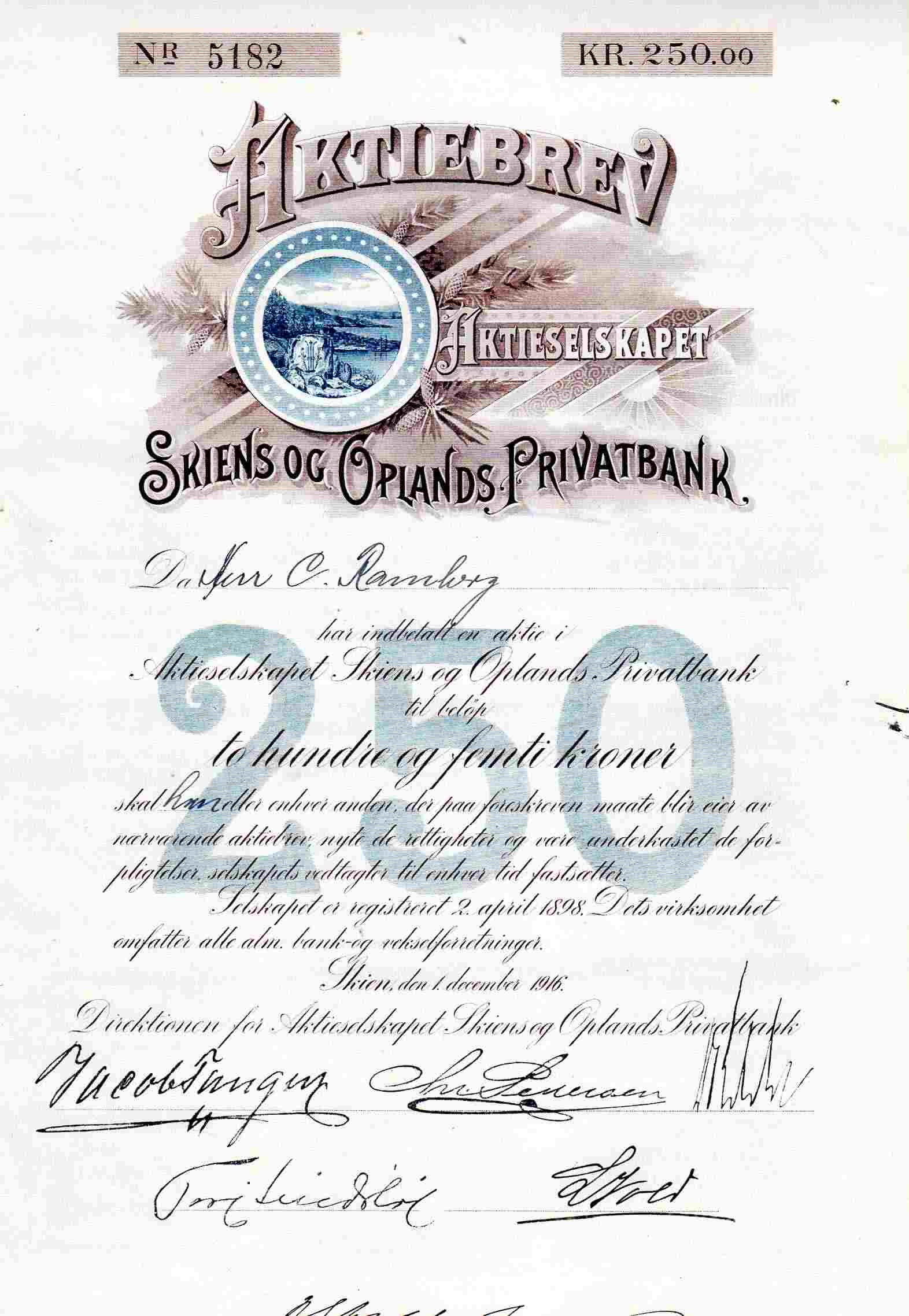 Aktiebrev Skien og Oplands privatbank kr 250 nr 5182 Skien 1916