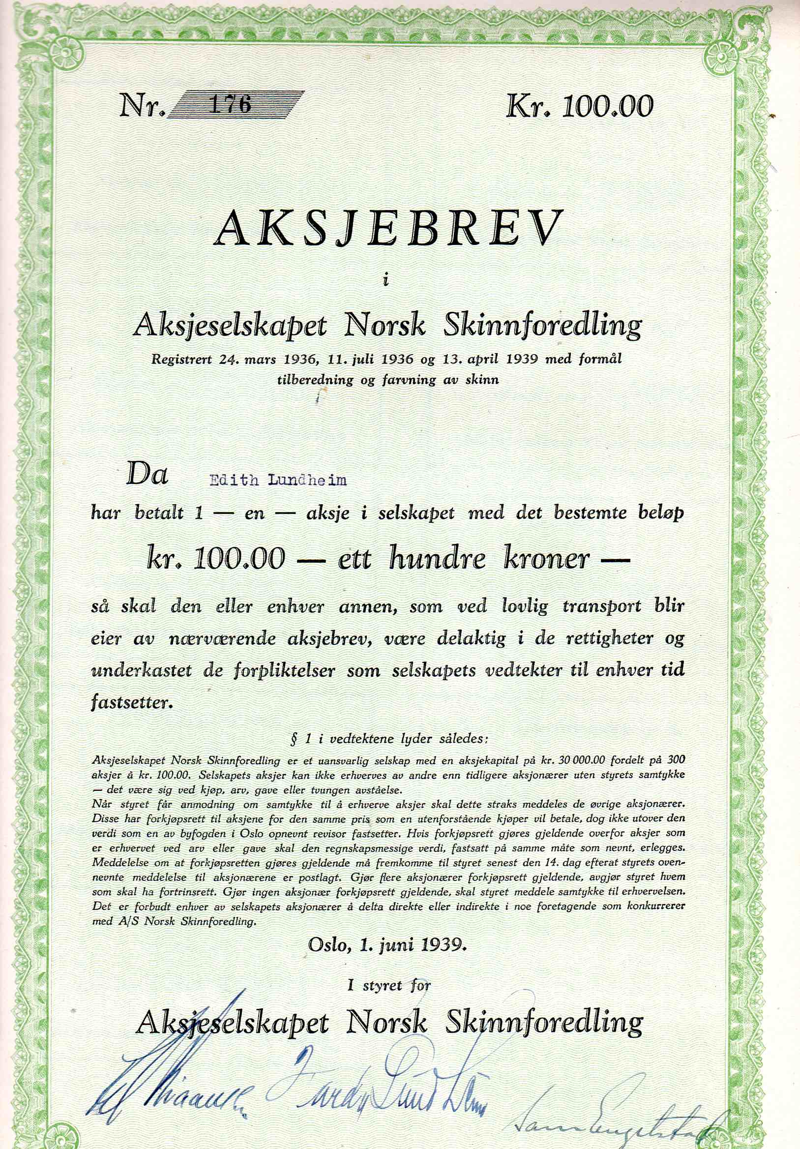 Aksjebrev i Norsk skinnforedling nr 176 kr 100 1939