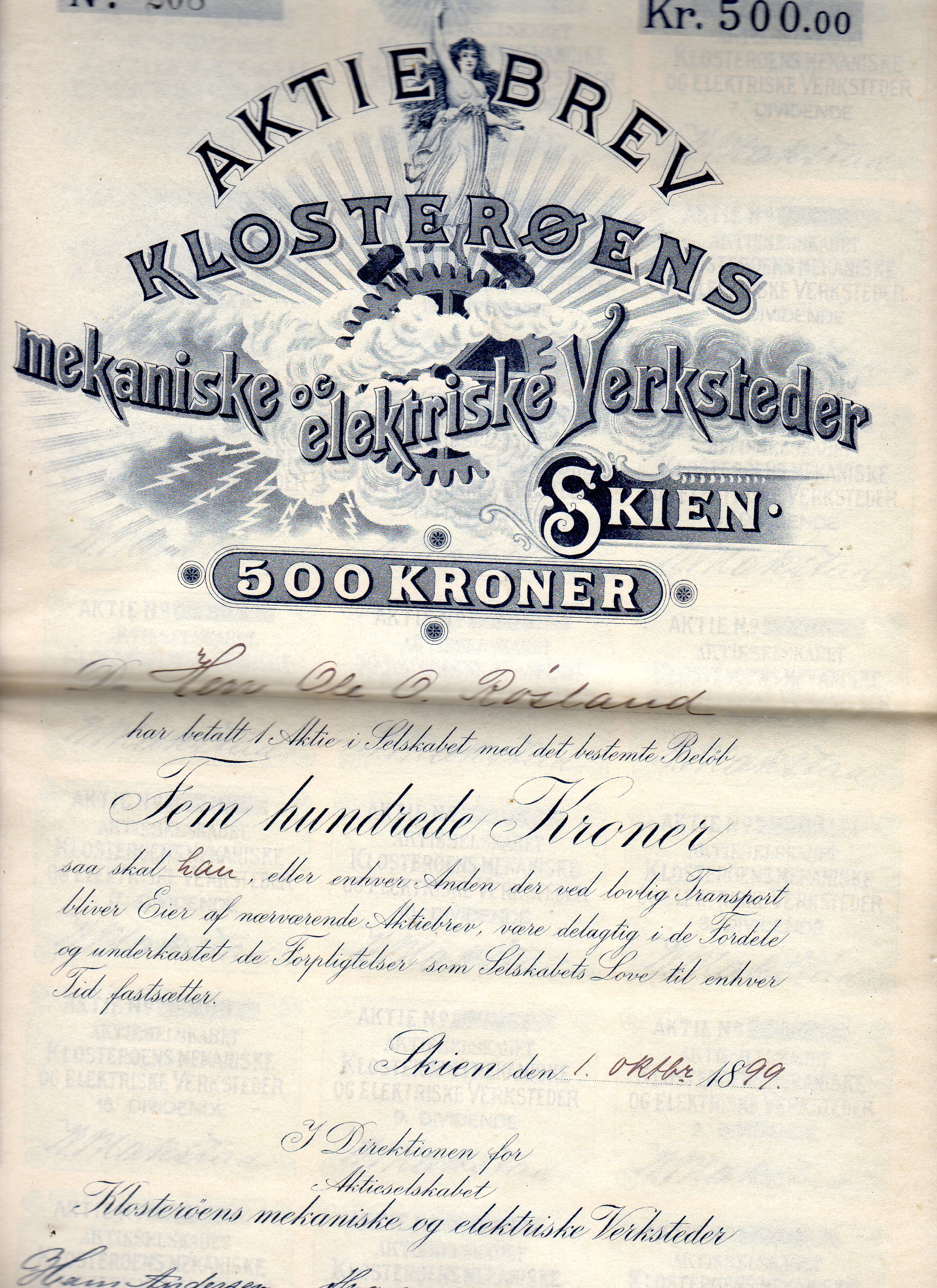 Klosterøens mekaniske og elektriske verkstedre  Skien 1899 Pål kr 500 no 208 kv1