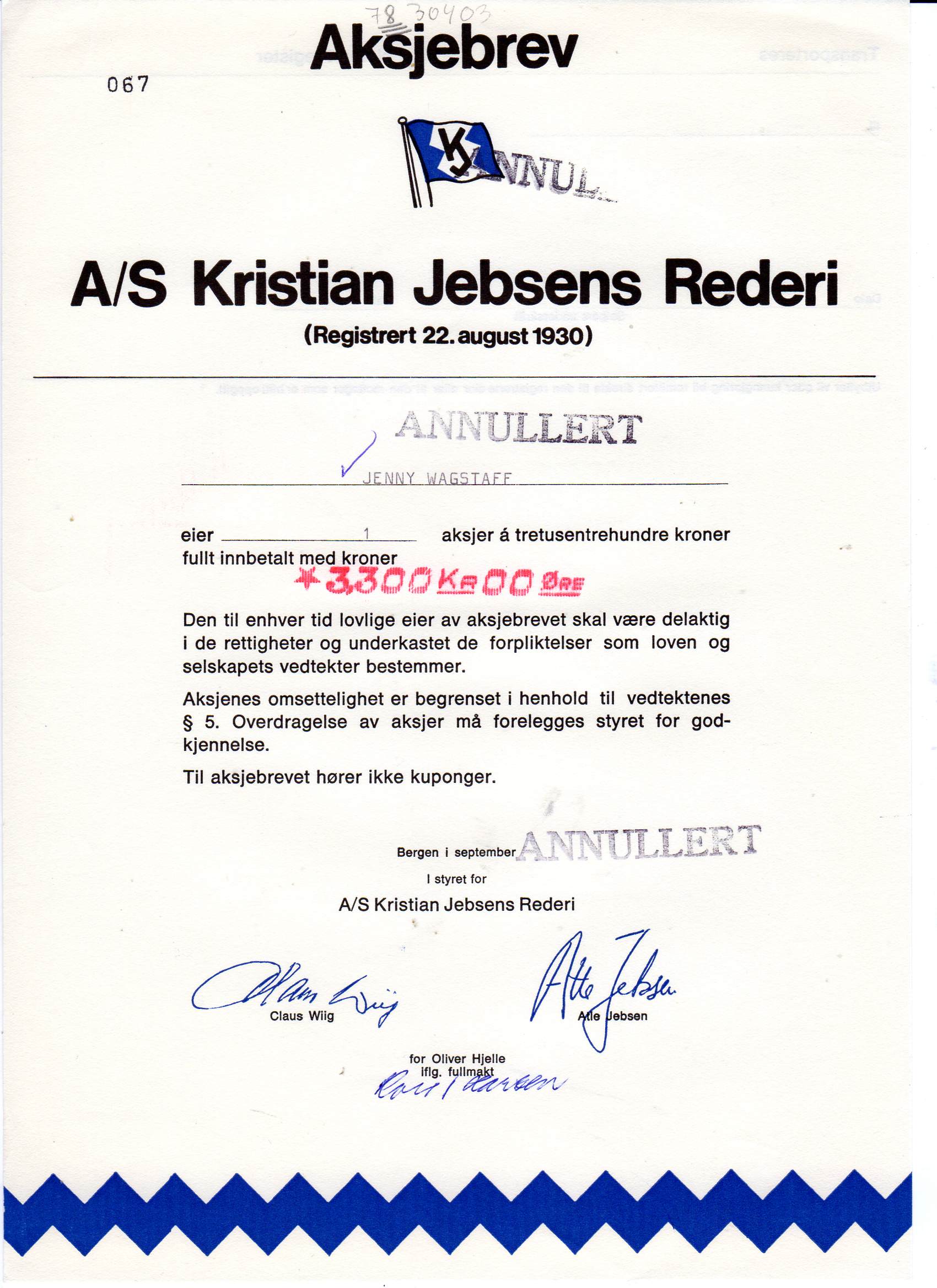 Kristian Jebsens rederi Bergen uten dato kr 6600/3300/550 nr 060/067/874 pris pr stk