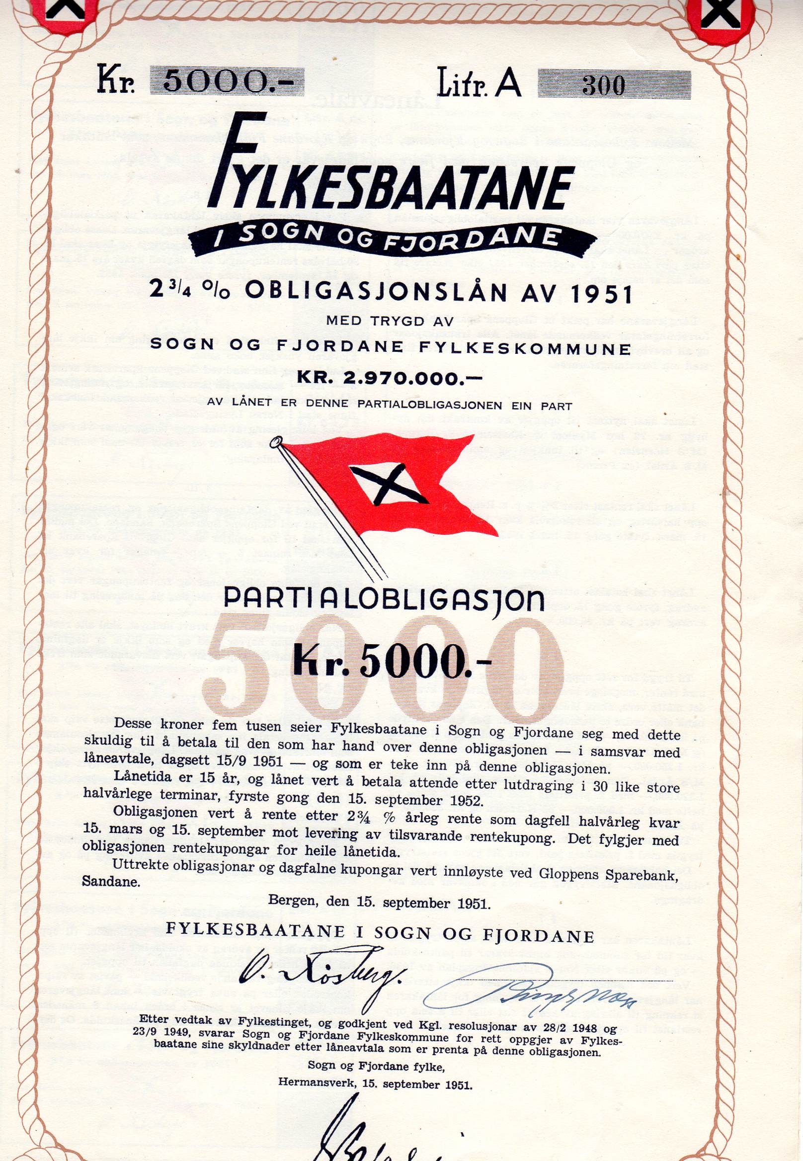 Fylkesbaatane i Sogn og fjordane 2 3/4% obligasjonslån av 1951 litra A kr 5000
