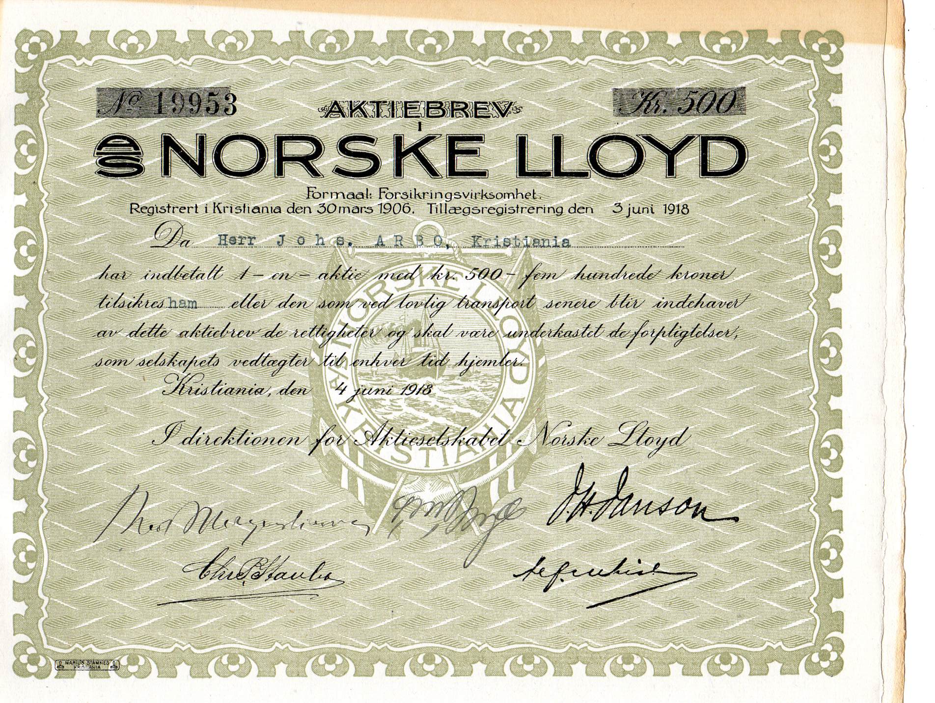 Norske Lloyd kr 500 Kristiania 1918 nr 19949/19953/5003 pris pr stk