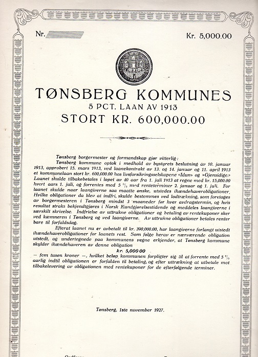 Tønsberg kommunes obligasjonslån kr 5000 1927 Tønsberg