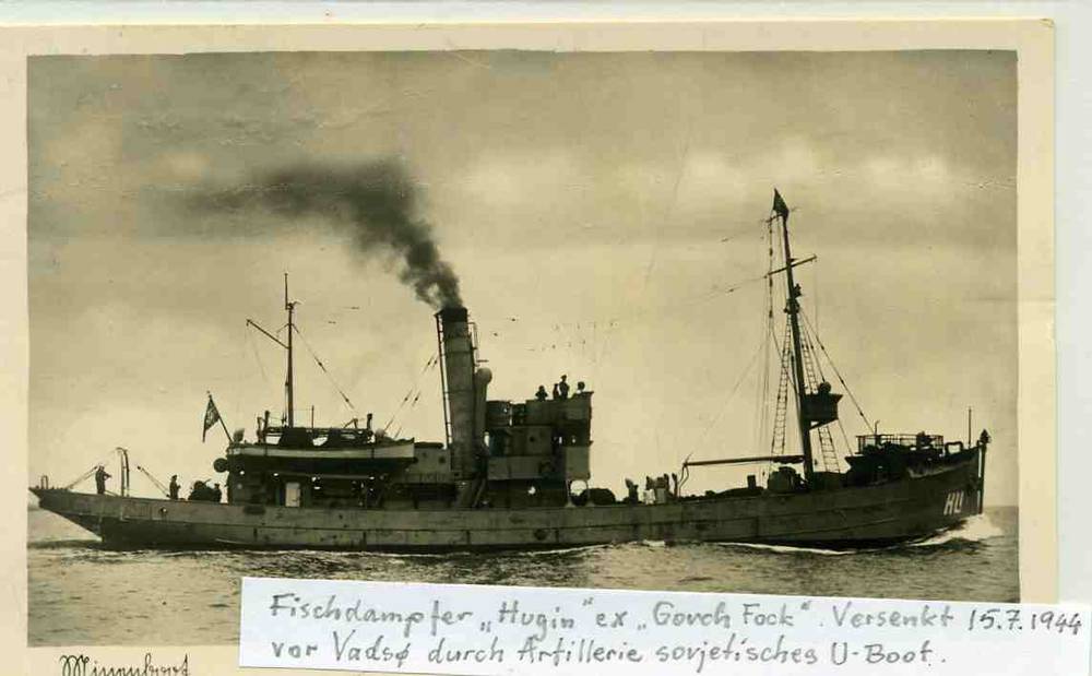 Dischdamper "Hugin"versenkt 15/4 1944 vor Vadsø durch artelleri sovjetische U-boot.
