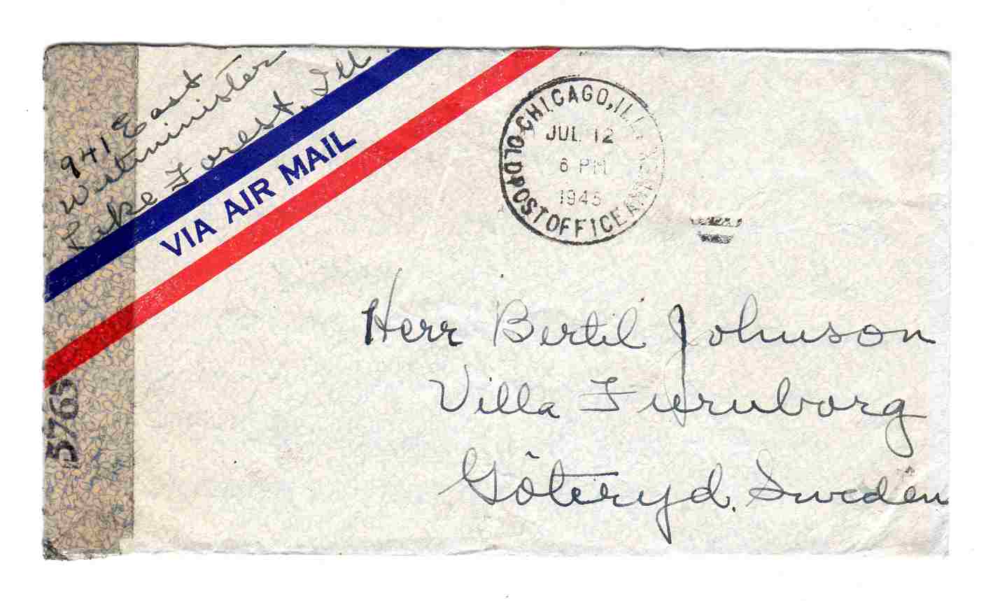 st C hicago 1945 Air mail uten frimerke 5765 to Sweden