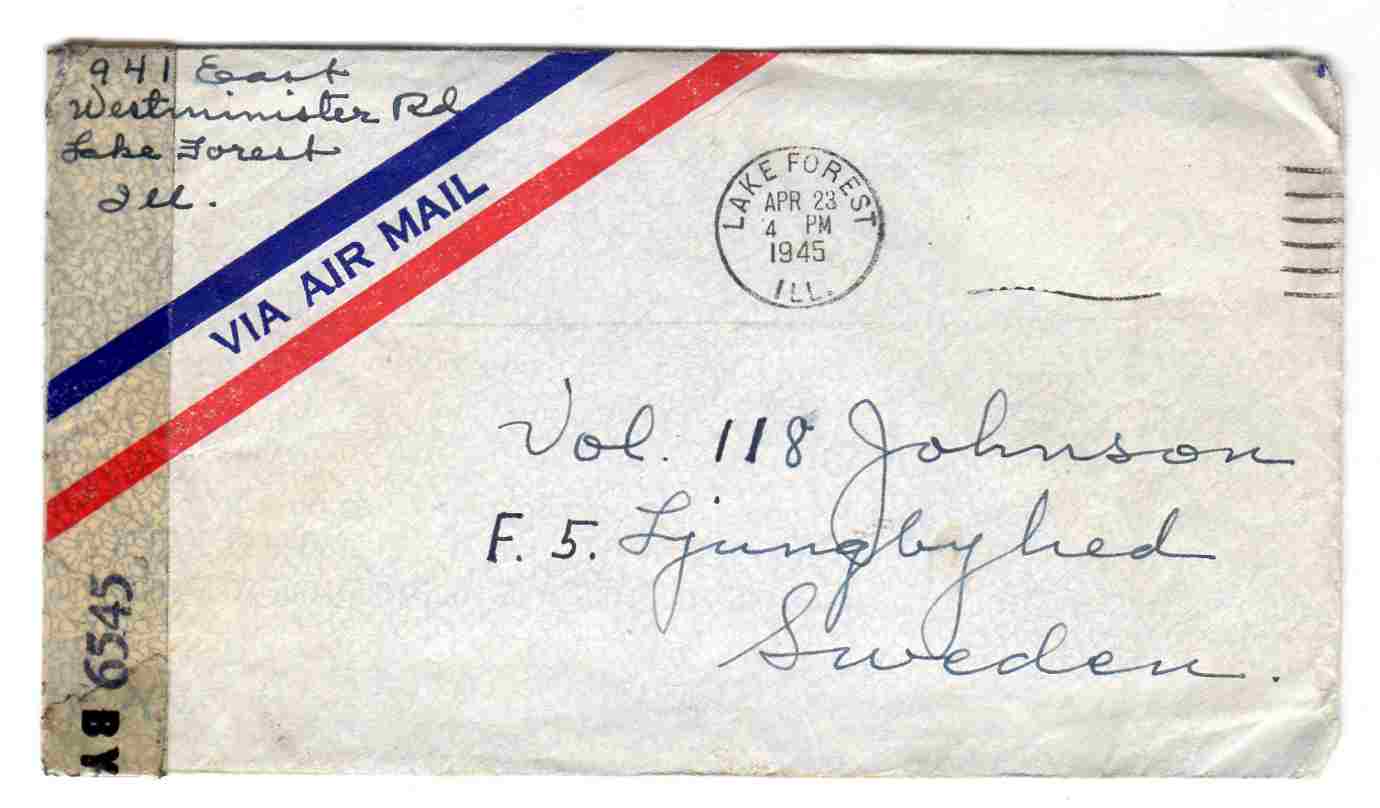 st Lake Forest 1945 med brev to Sweden Air mail  6545