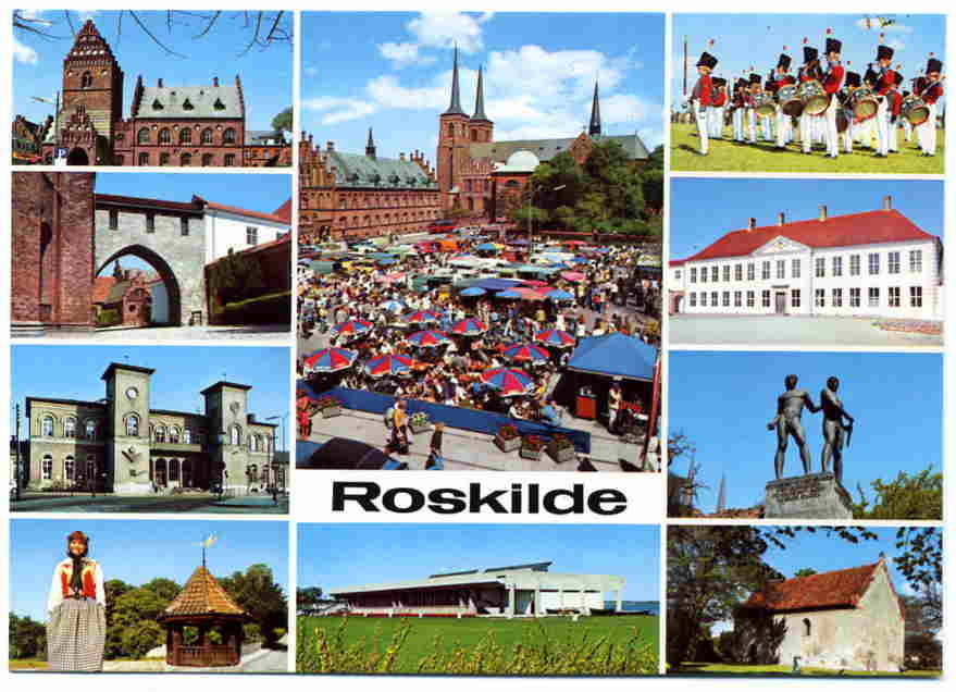Roskilde telvad med bl.a. rådhus,domkirke og Jernbanestasjonen