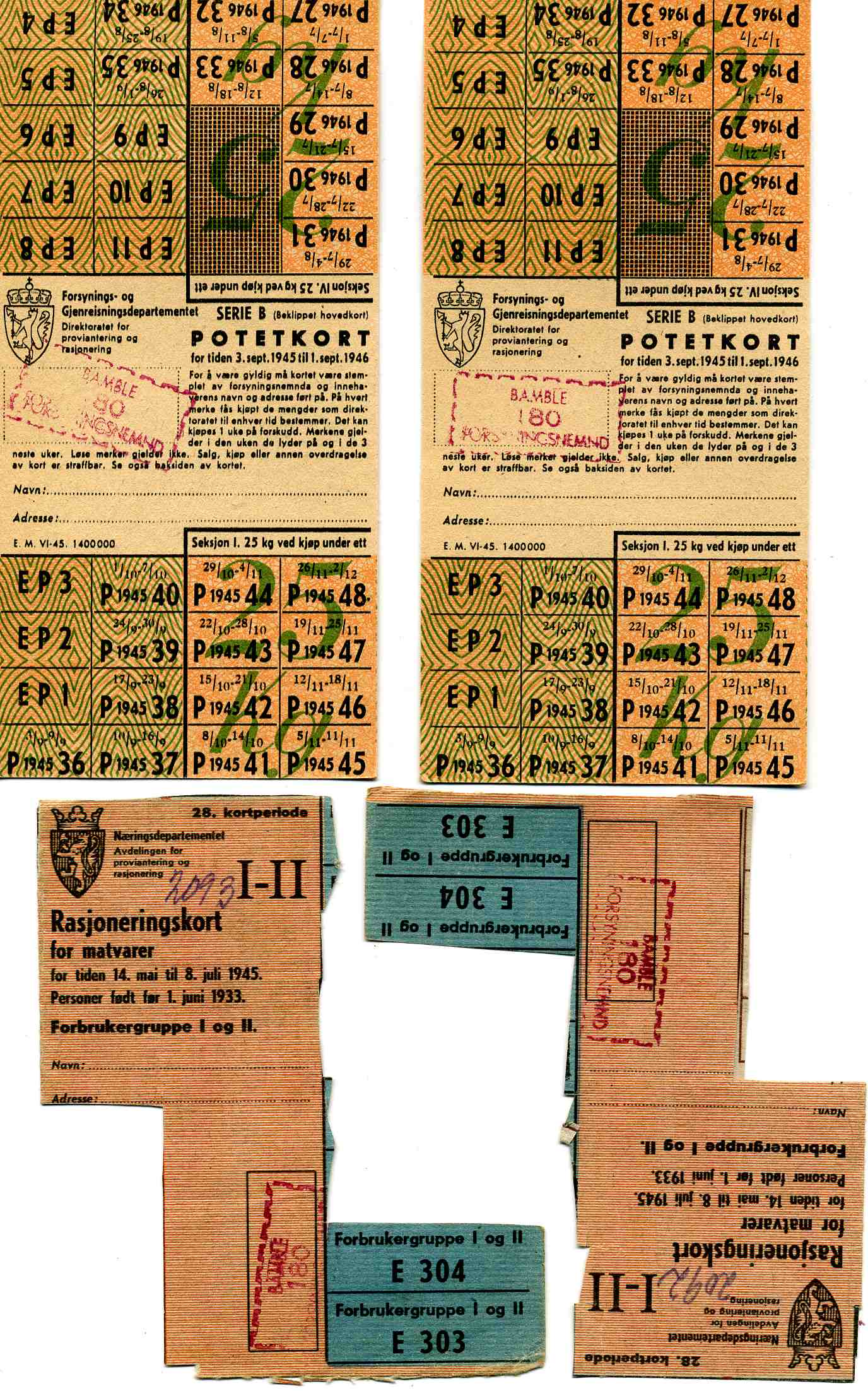 Rasjoneringskort Potetkort Bamble forsyningsnemd 1945