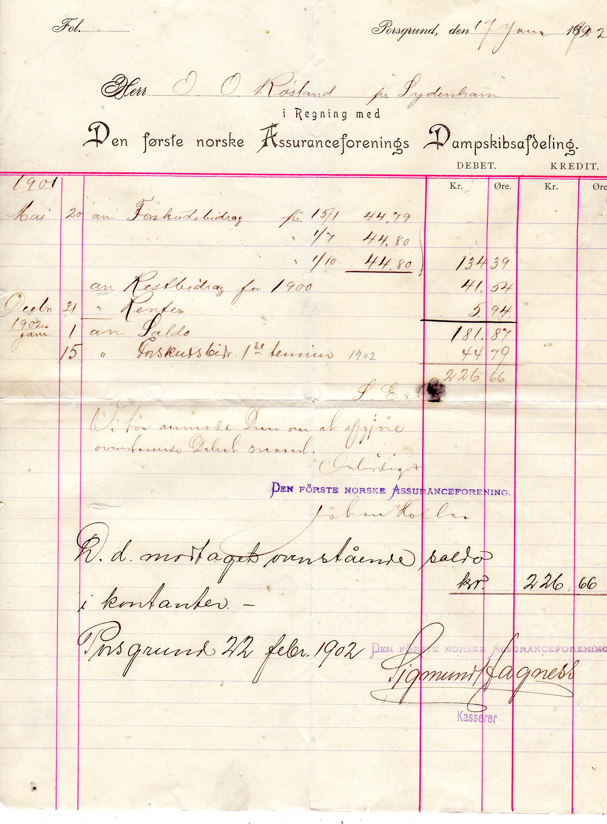 Den første norske assuransforening 1902/1903 pr stk 75kr