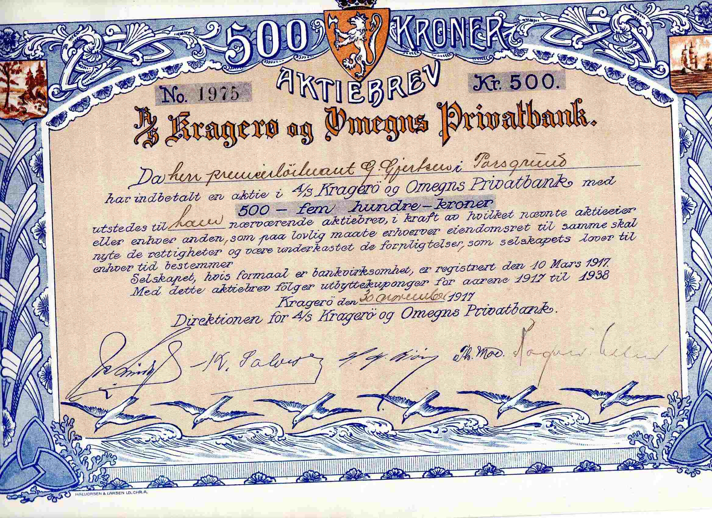 Kragerø og omegns privatbank no 1975 kr 500 Kragerø 1917